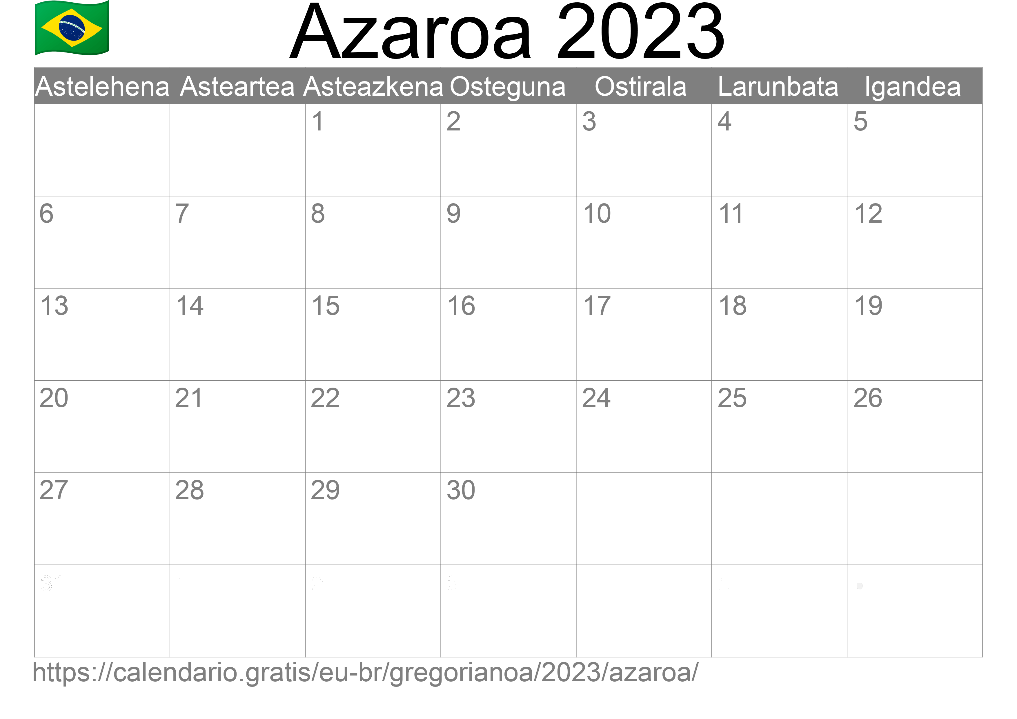 2023ko Azaroa egutegia inprimatzeko