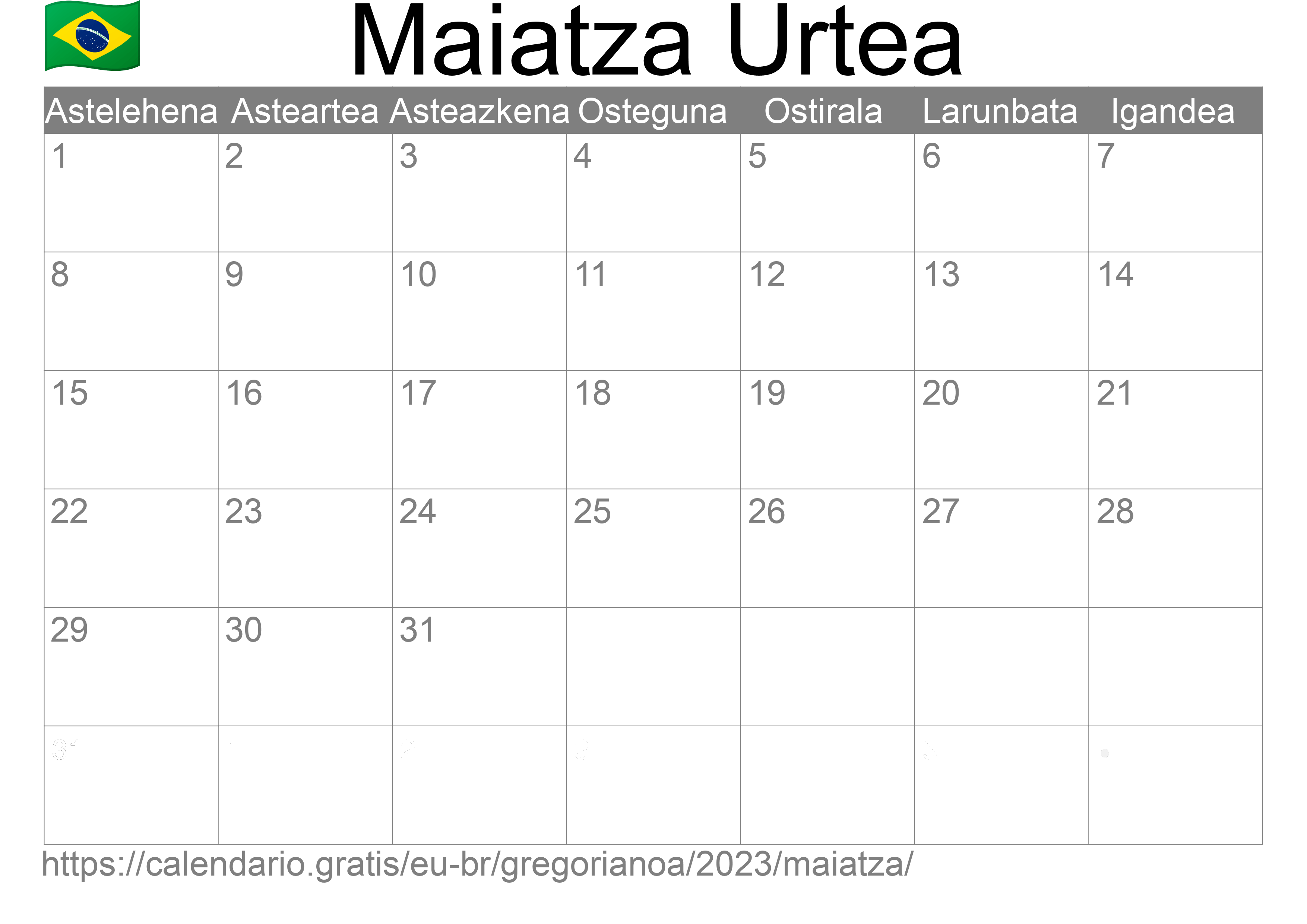 2023ko Maiatza egutegia inprimatzeko