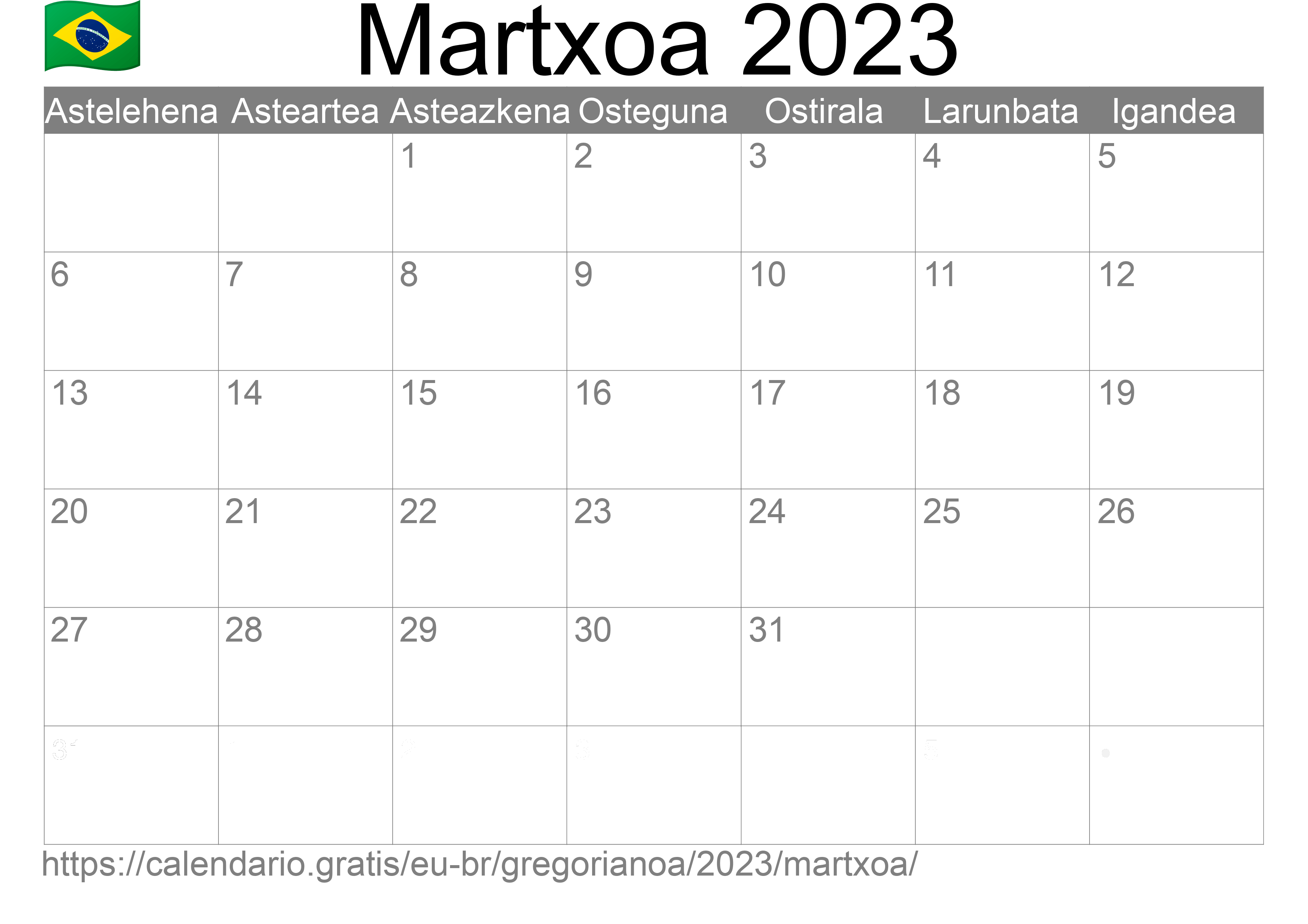 2023ko Martxoa egutegia inprimatzeko