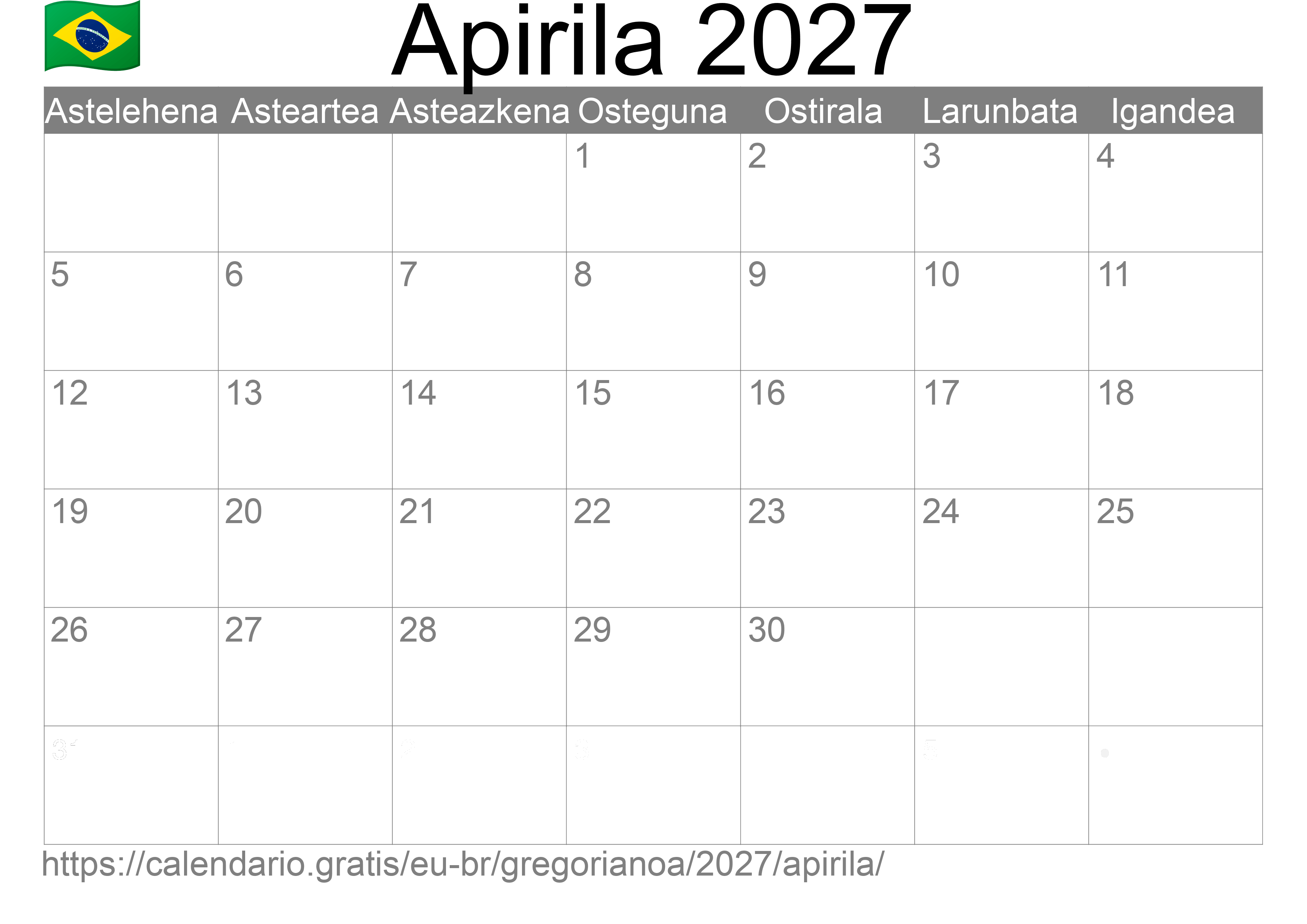 2027ko Apirila egutegia inprimatzeko