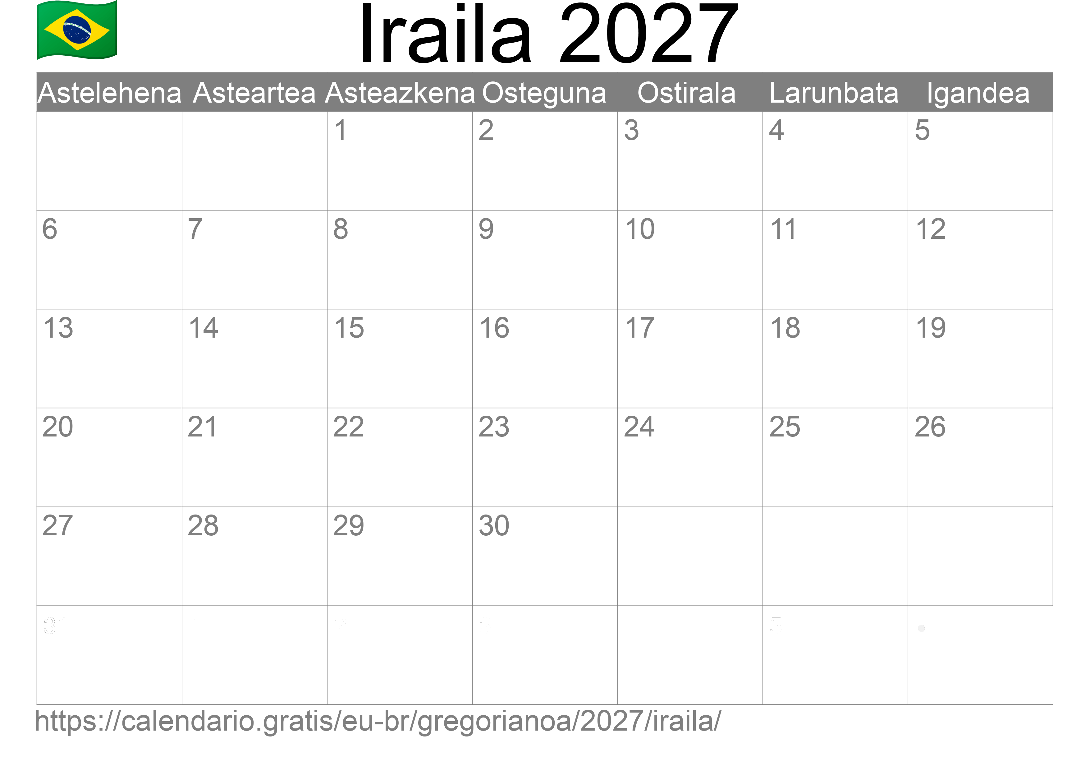 2027ko Iraila egutegia inprimatzeko