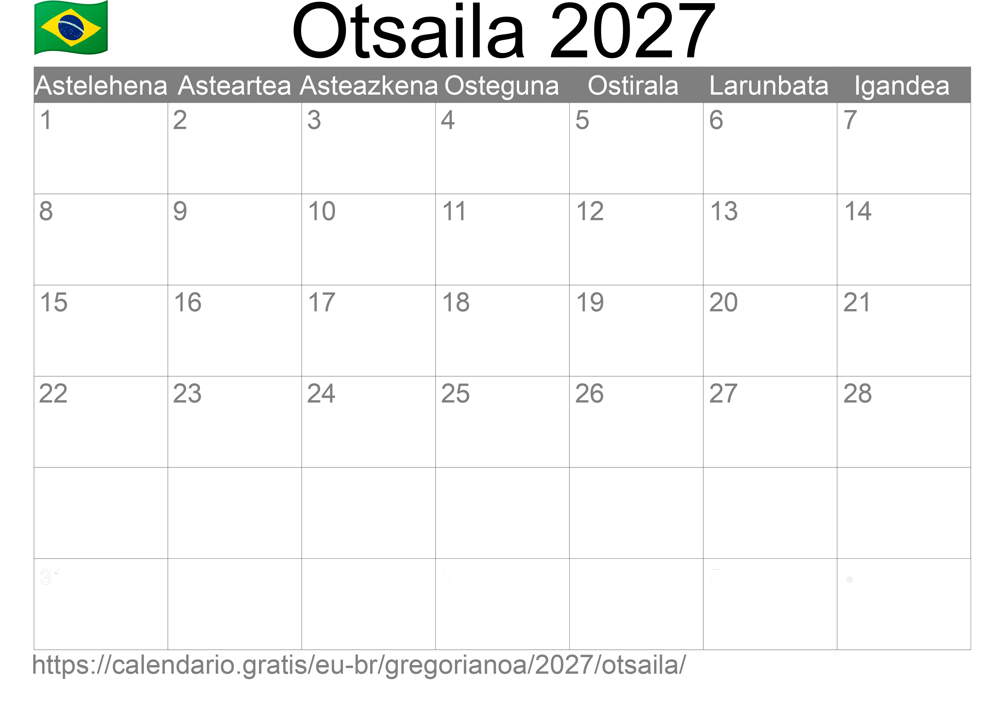 2027ko Otsaila egutegia inprimatzeko