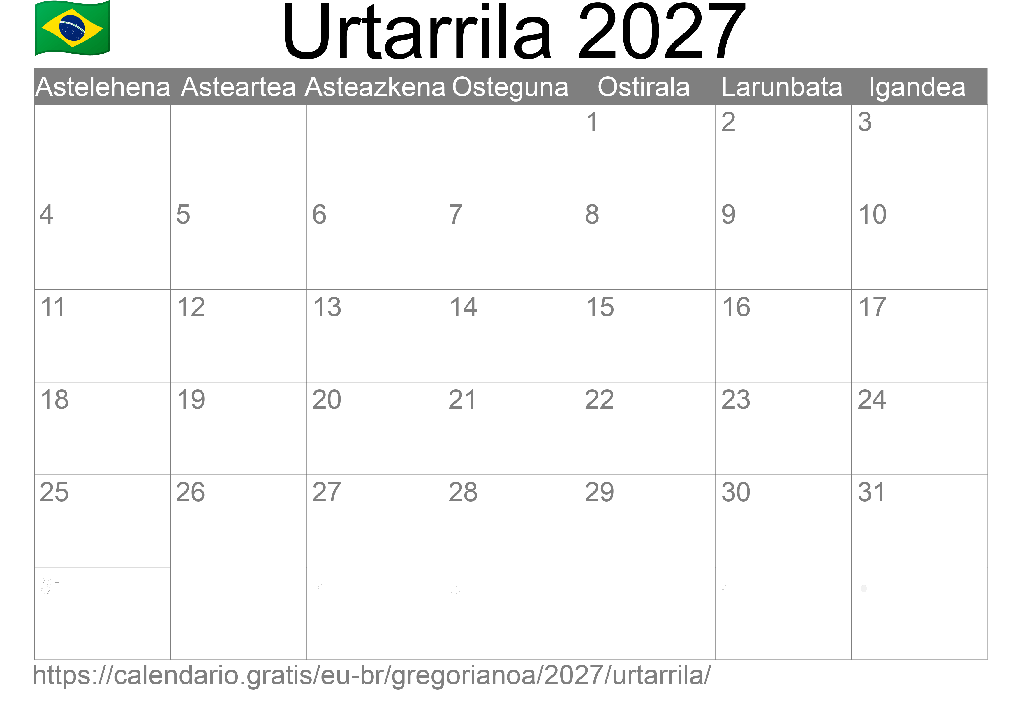 2027ko Urtarrila egutegia inprimatzeko