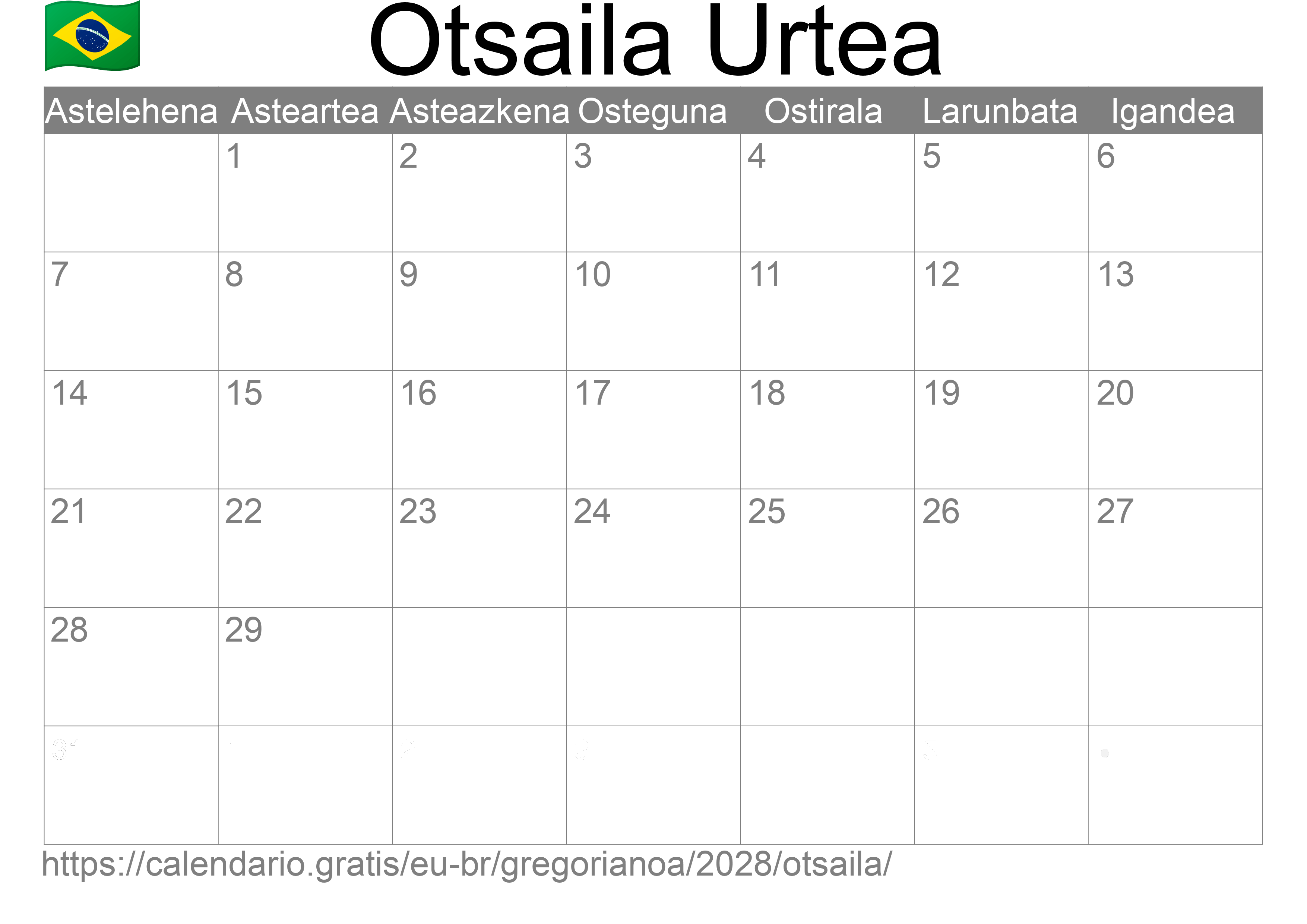 2028ko Otsaila egutegia inprimatzeko