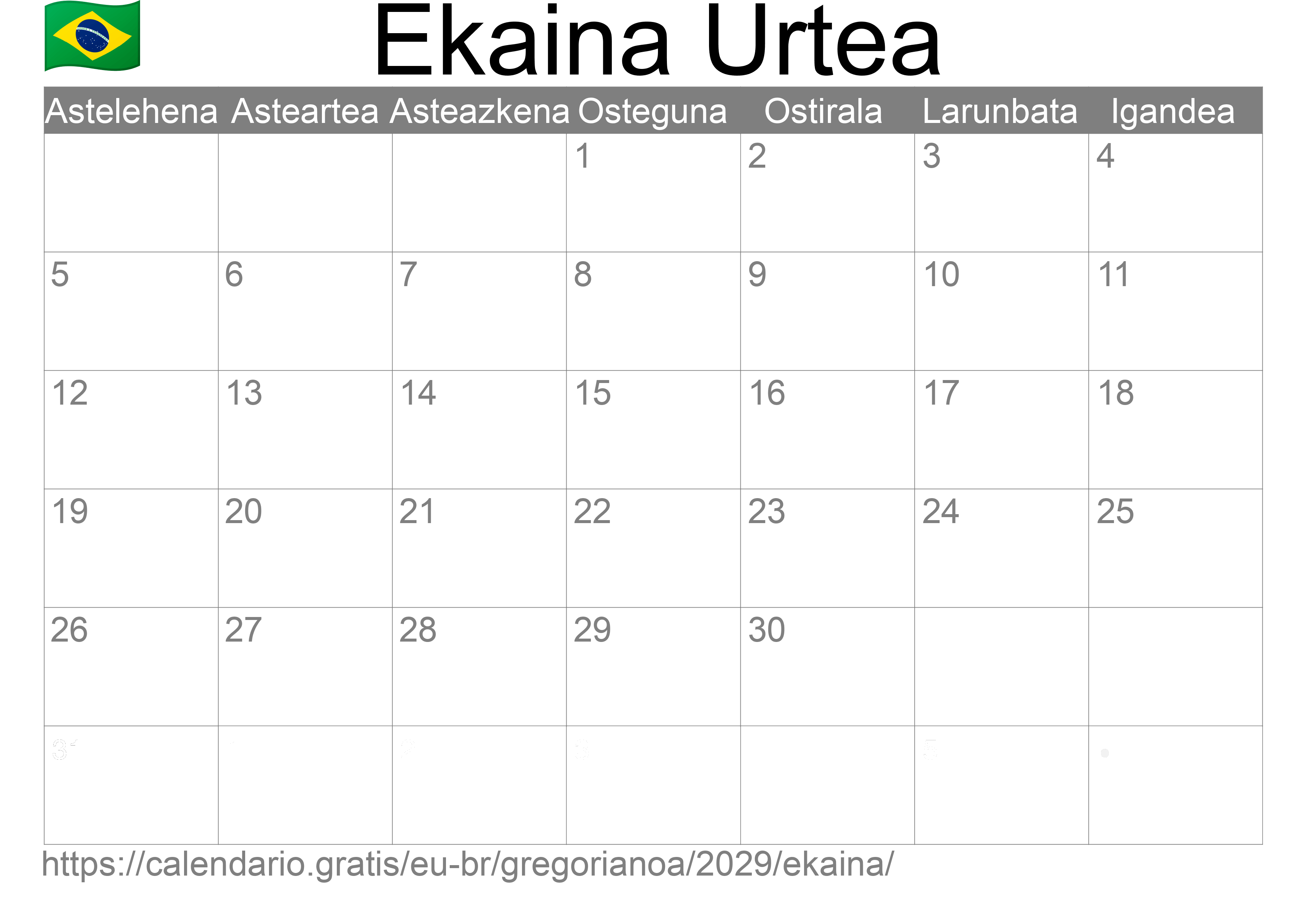 2029ko Ekaina egutegia inprimatzeko