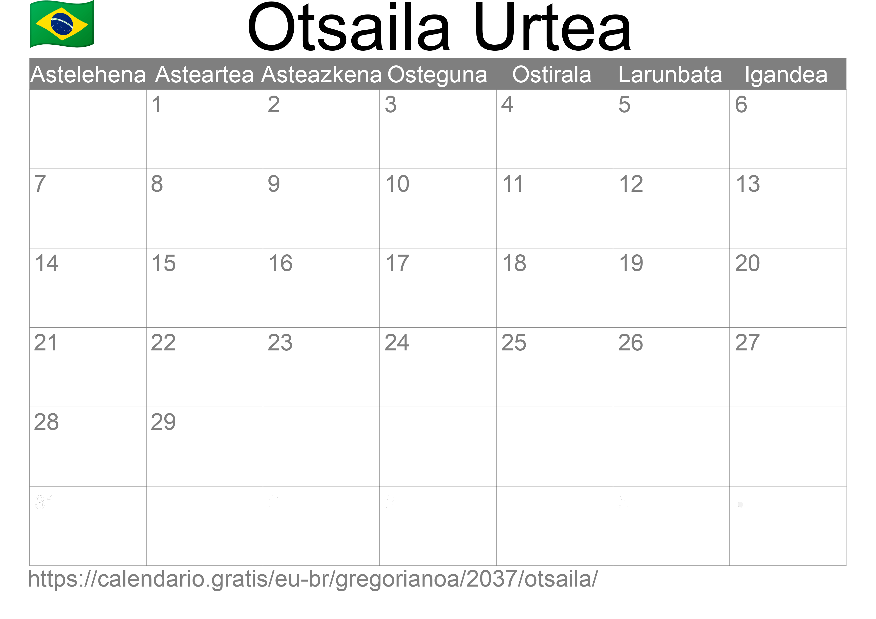 2037ko Otsaila egutegia inprimatzeko