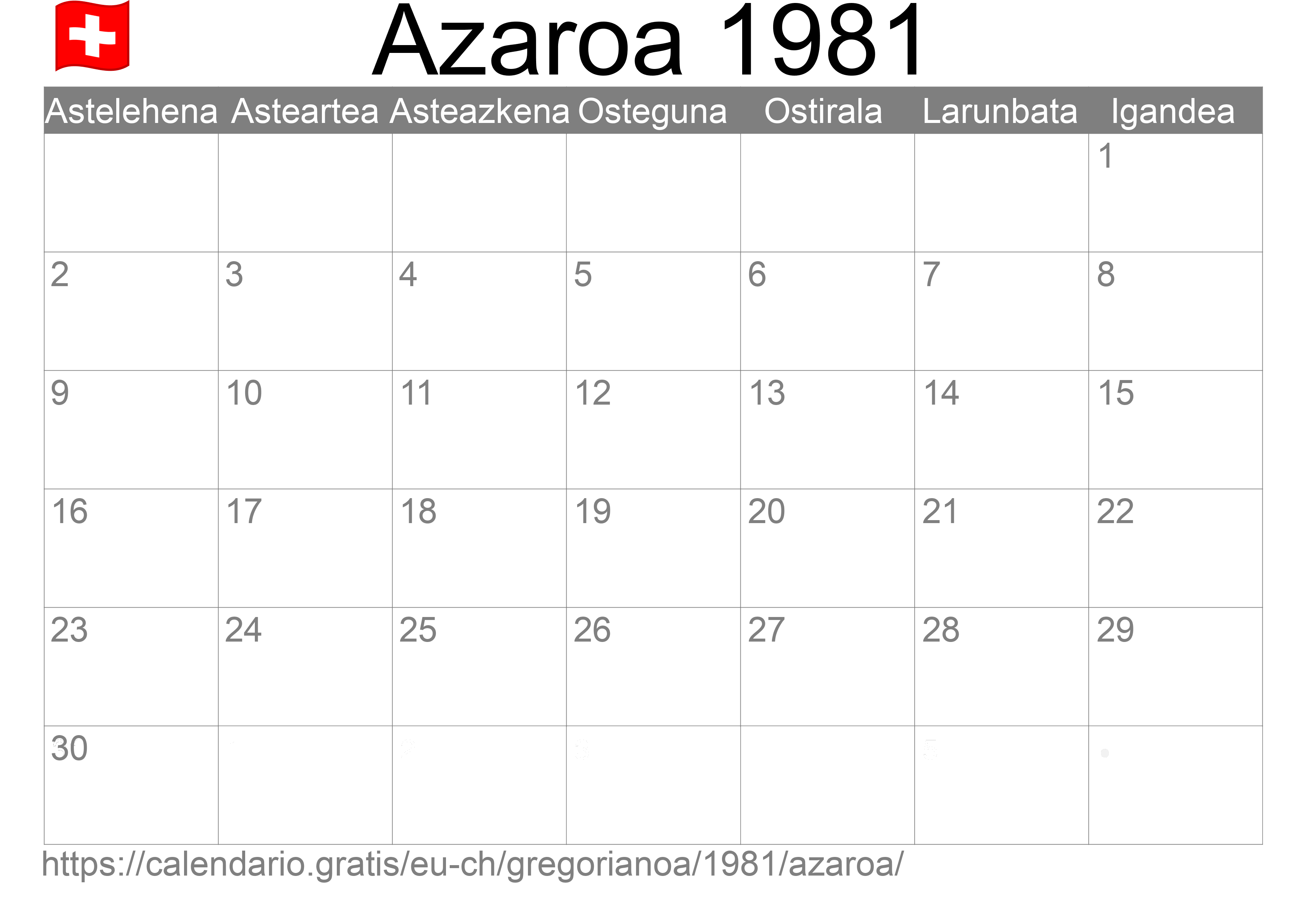 1981ko Azaroa egutegia inprimatzeko