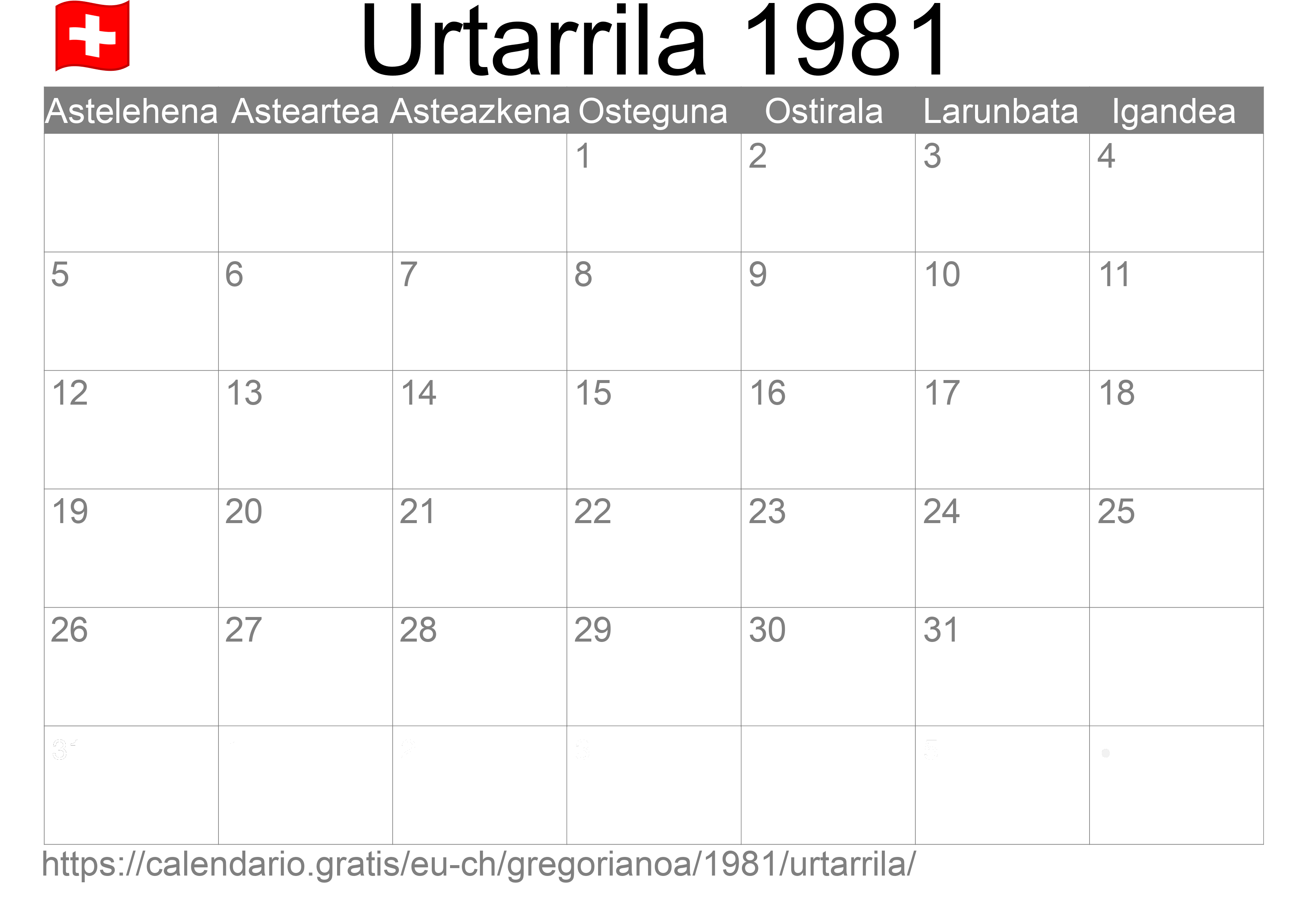 1981ko Urtarrila egutegia inprimatzeko