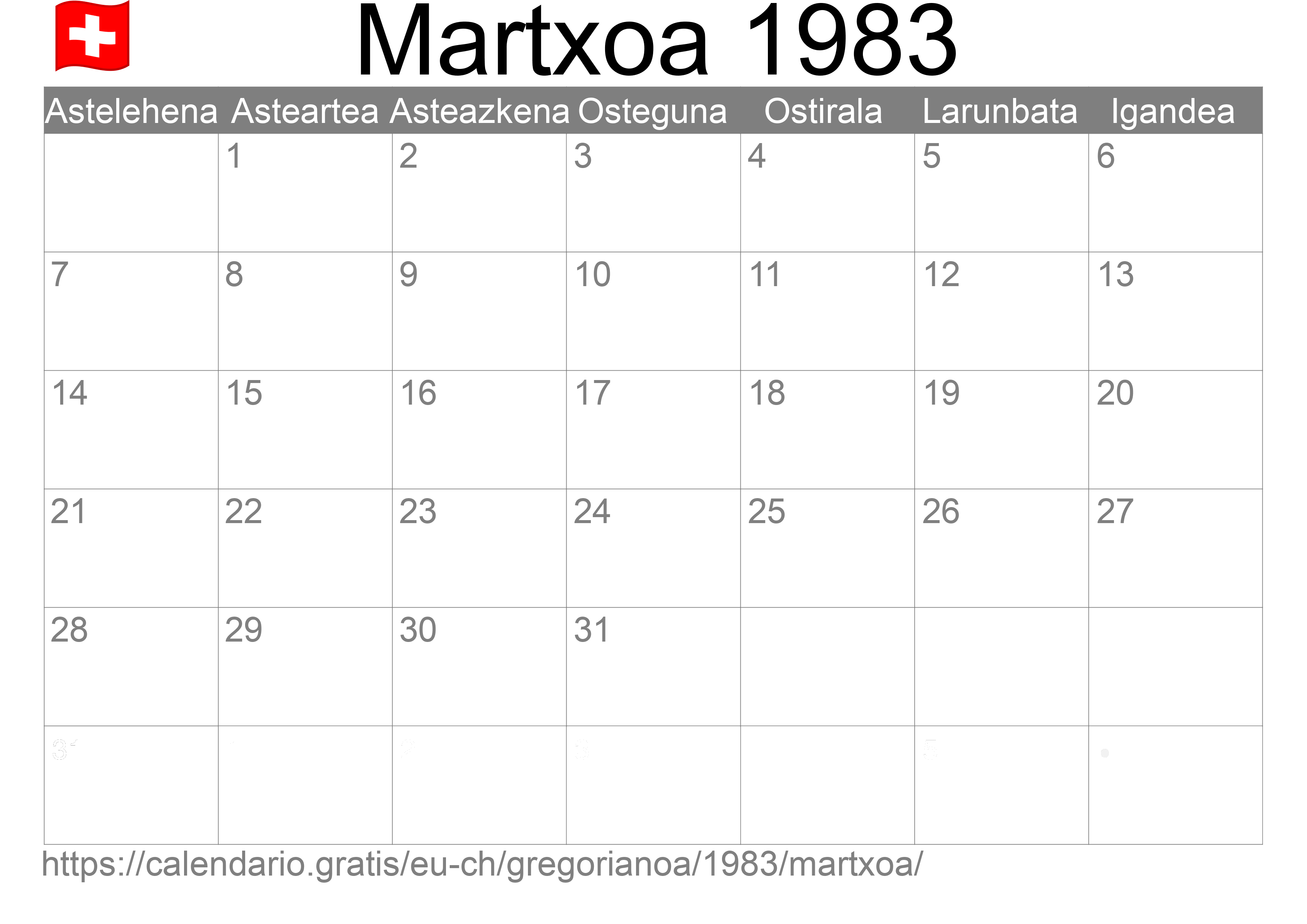 1983ko Martxoa egutegia inprimatzeko