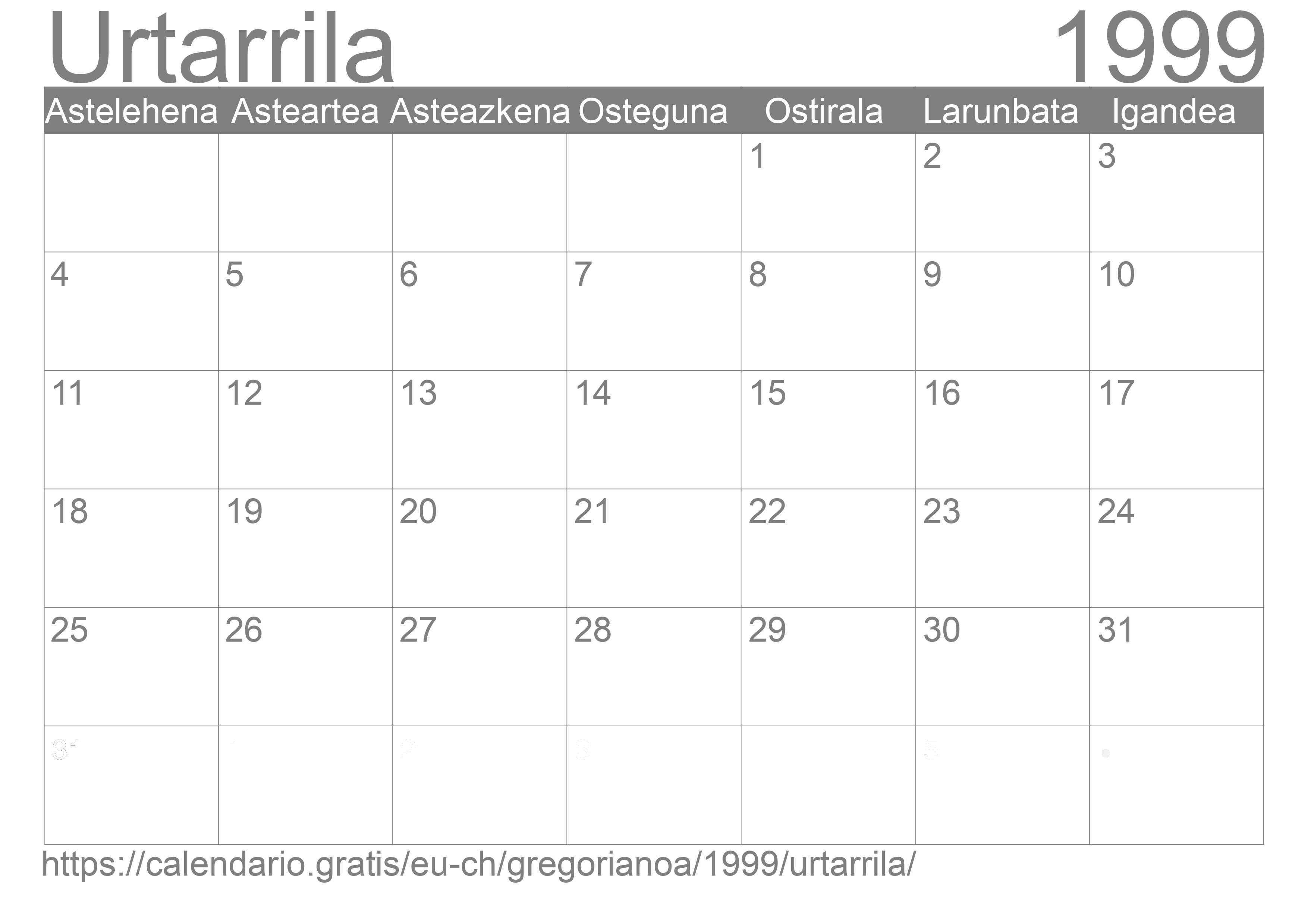 1999ko Urtarrila egutegia inprimatzeko