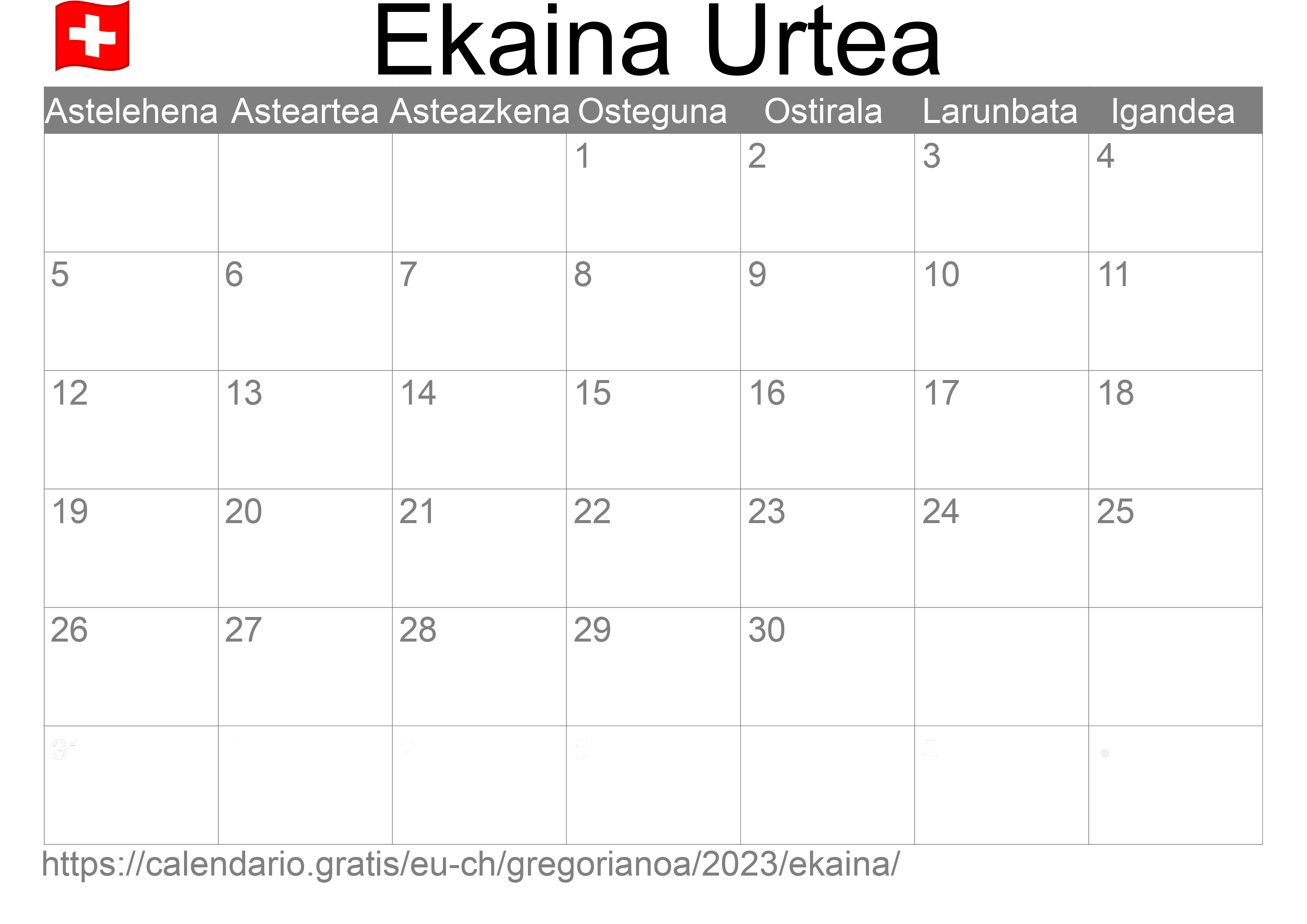 2023ko Ekaina egutegia inprimatzeko