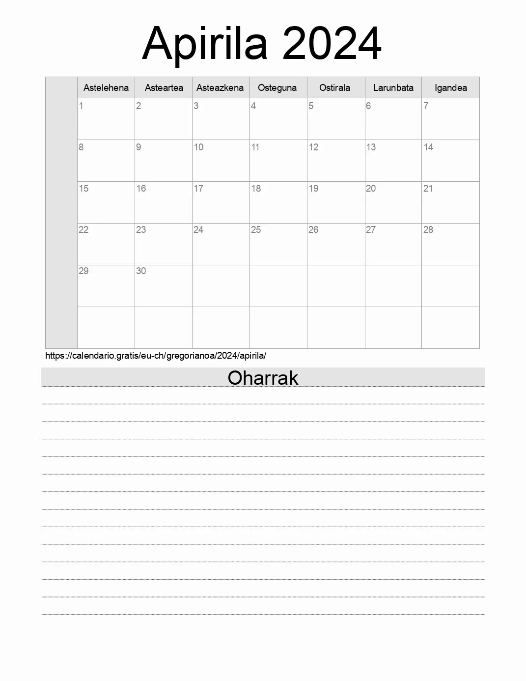 Inprimatzeko Apirila 2024 egutegia, oharrekin. (Suitza) Inprimatzeko Apirila 2024 egutegia, oharrekin. (Suitza)