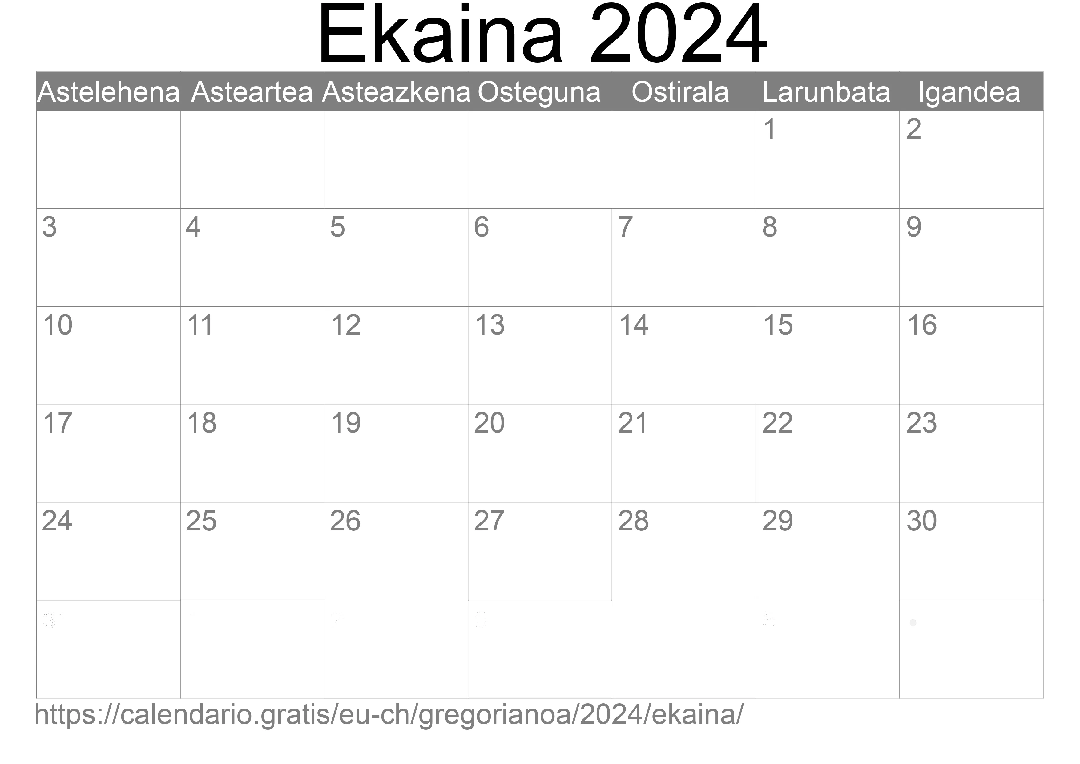 2024ko Ekaina egutegia inprimatzeko (Suitza) 2024ko Ekaina egutegia inprimatzeko (Suitza)
