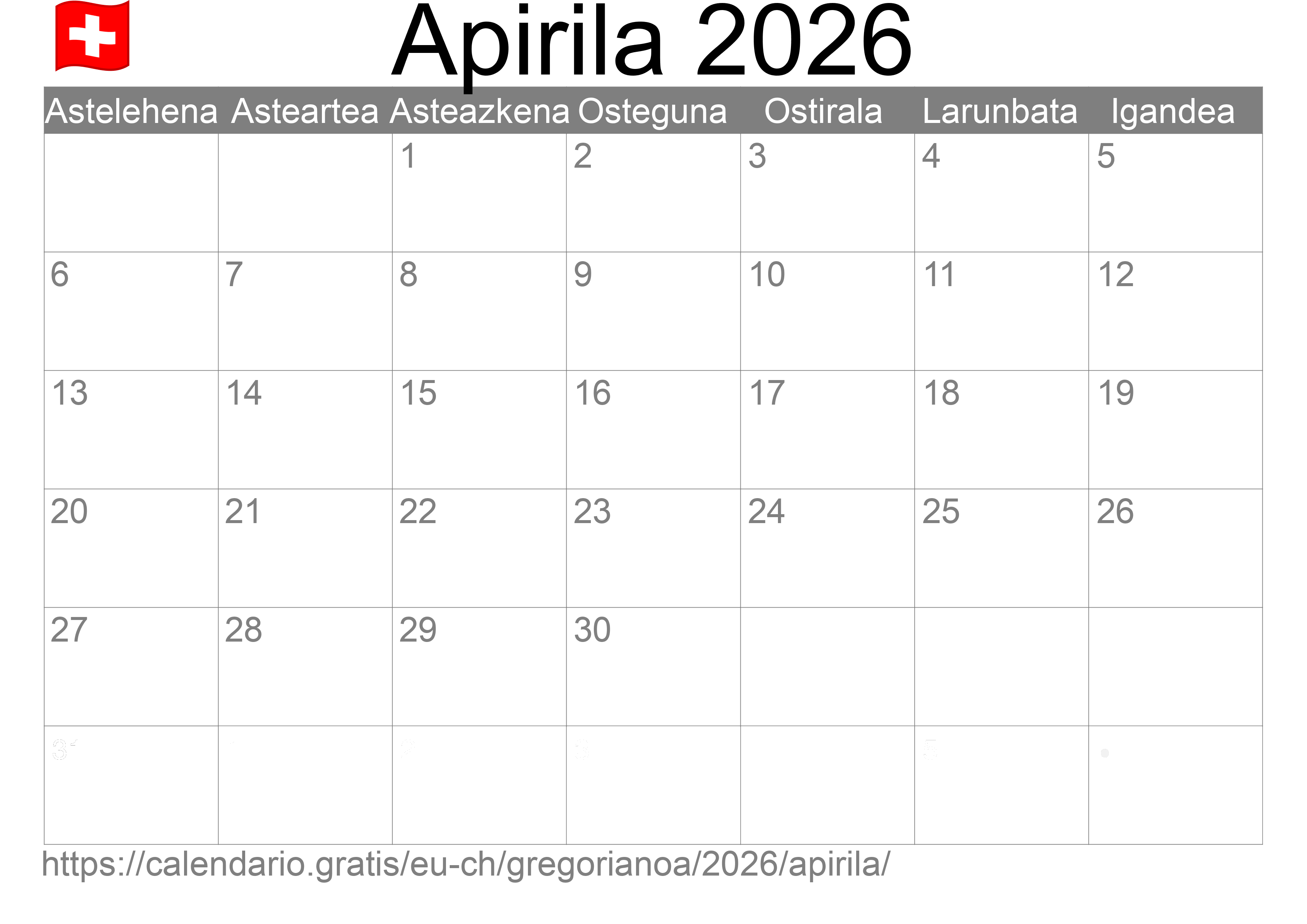 2026ko Apirila egutegia inprimatzeko