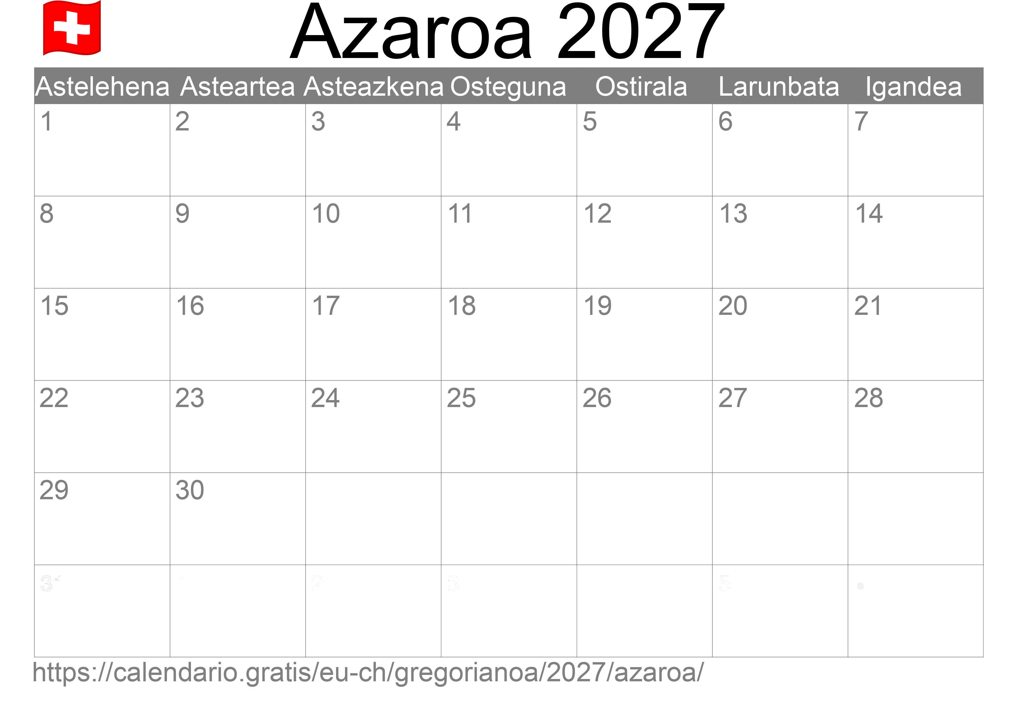 2027ko Azaroa egutegia inprimatzeko