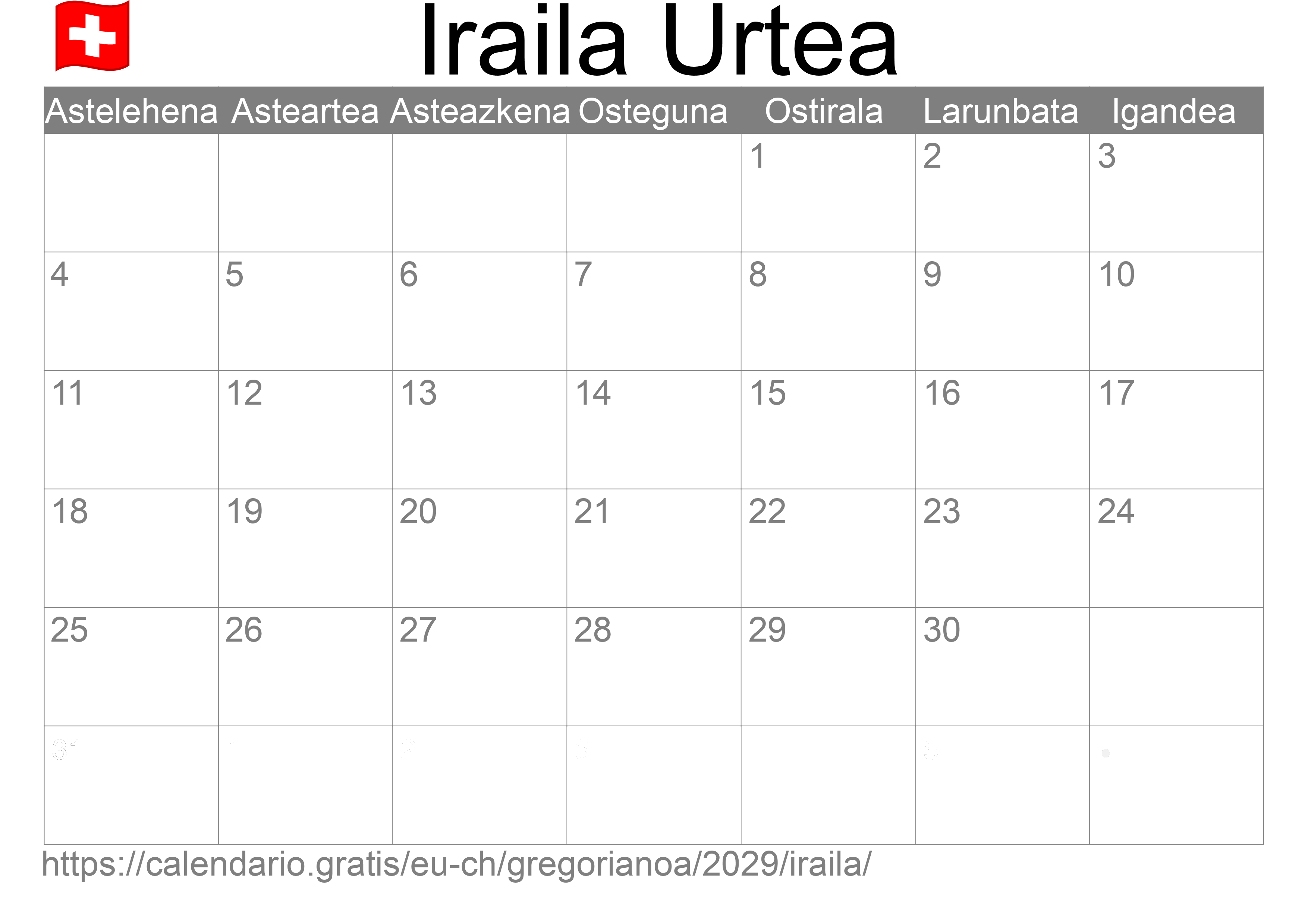 2029ko Iraila egutegia inprimatzeko