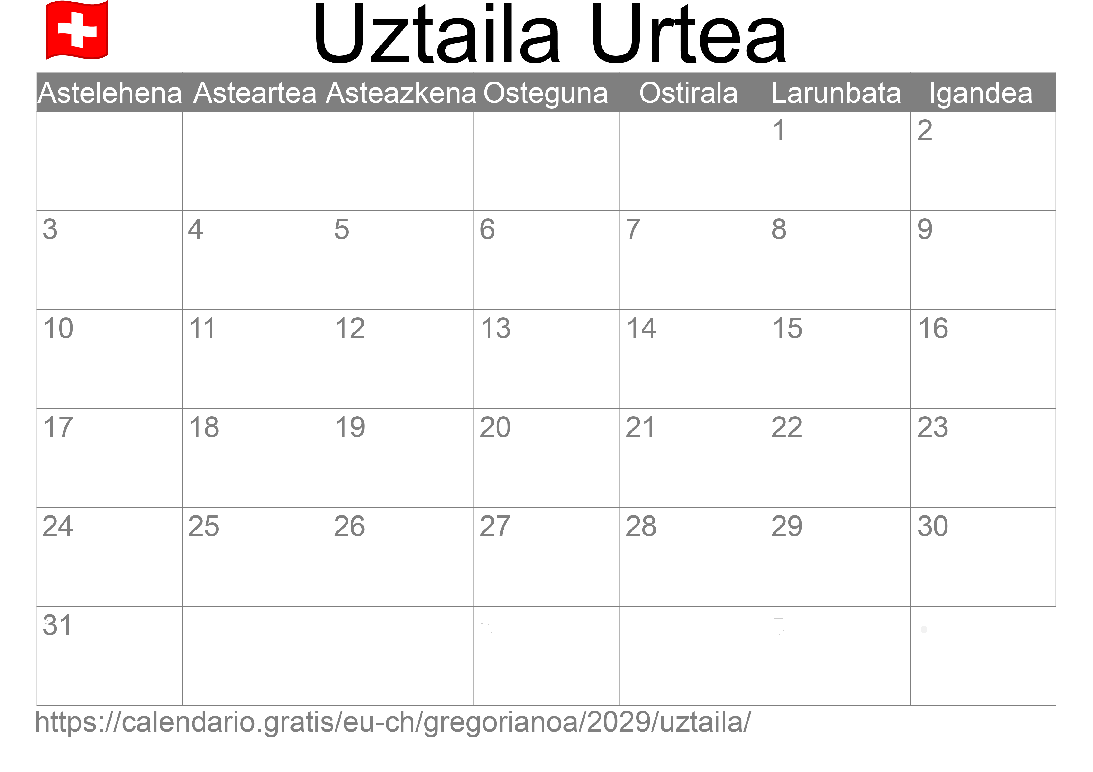 2029ko Uztaila egutegia inprimatzeko