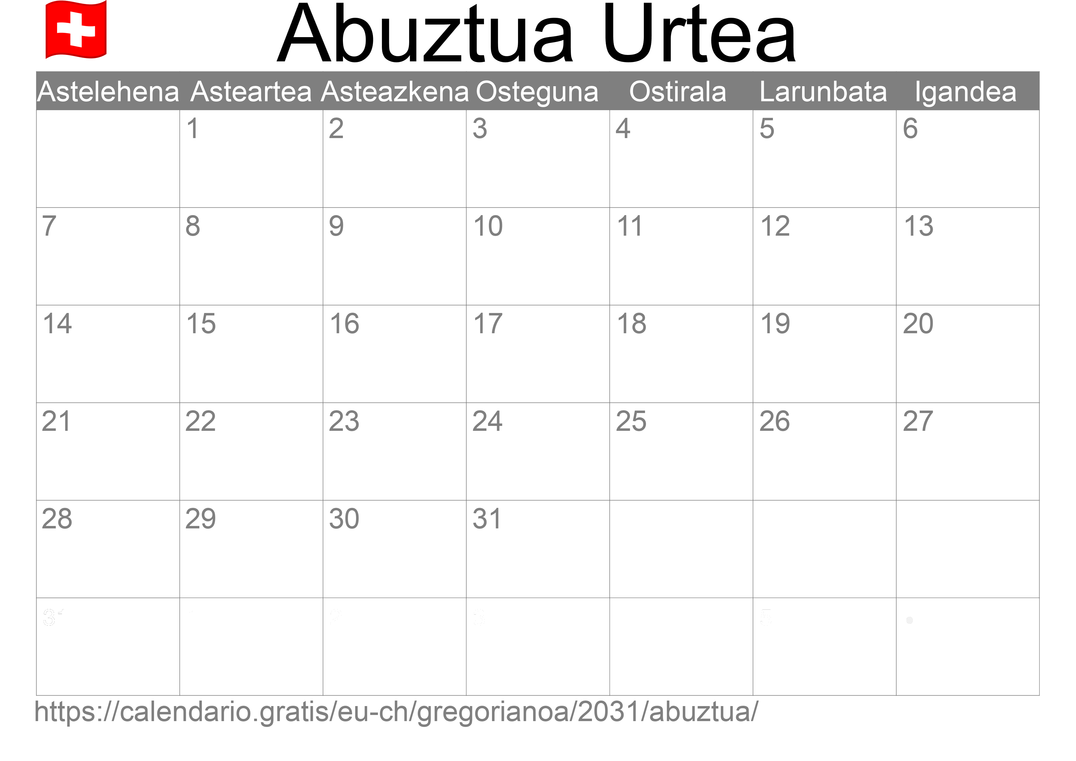 2031ko Abuztua egutegia inprimatzeko