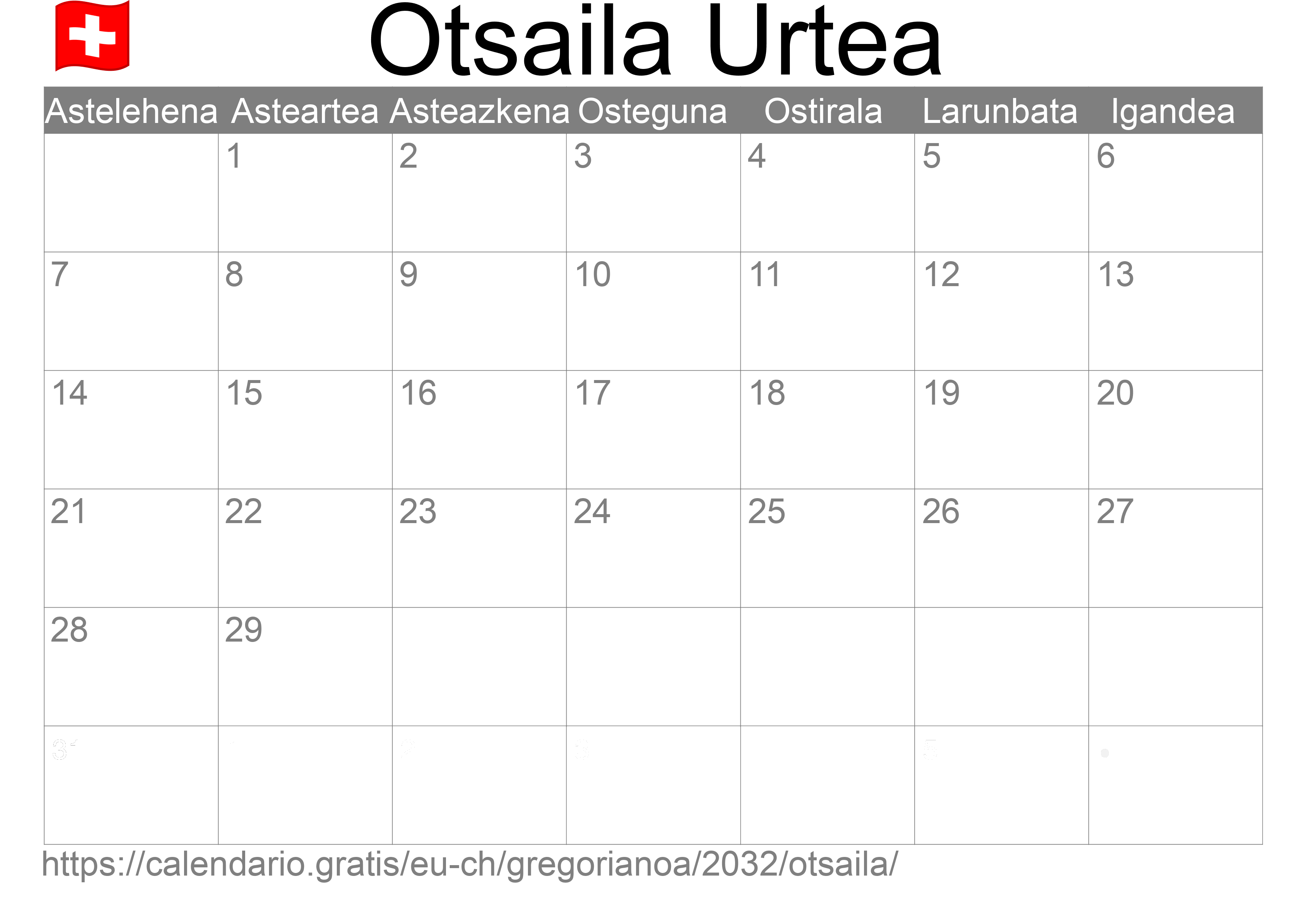 2032ko Otsaila egutegia inprimatzeko