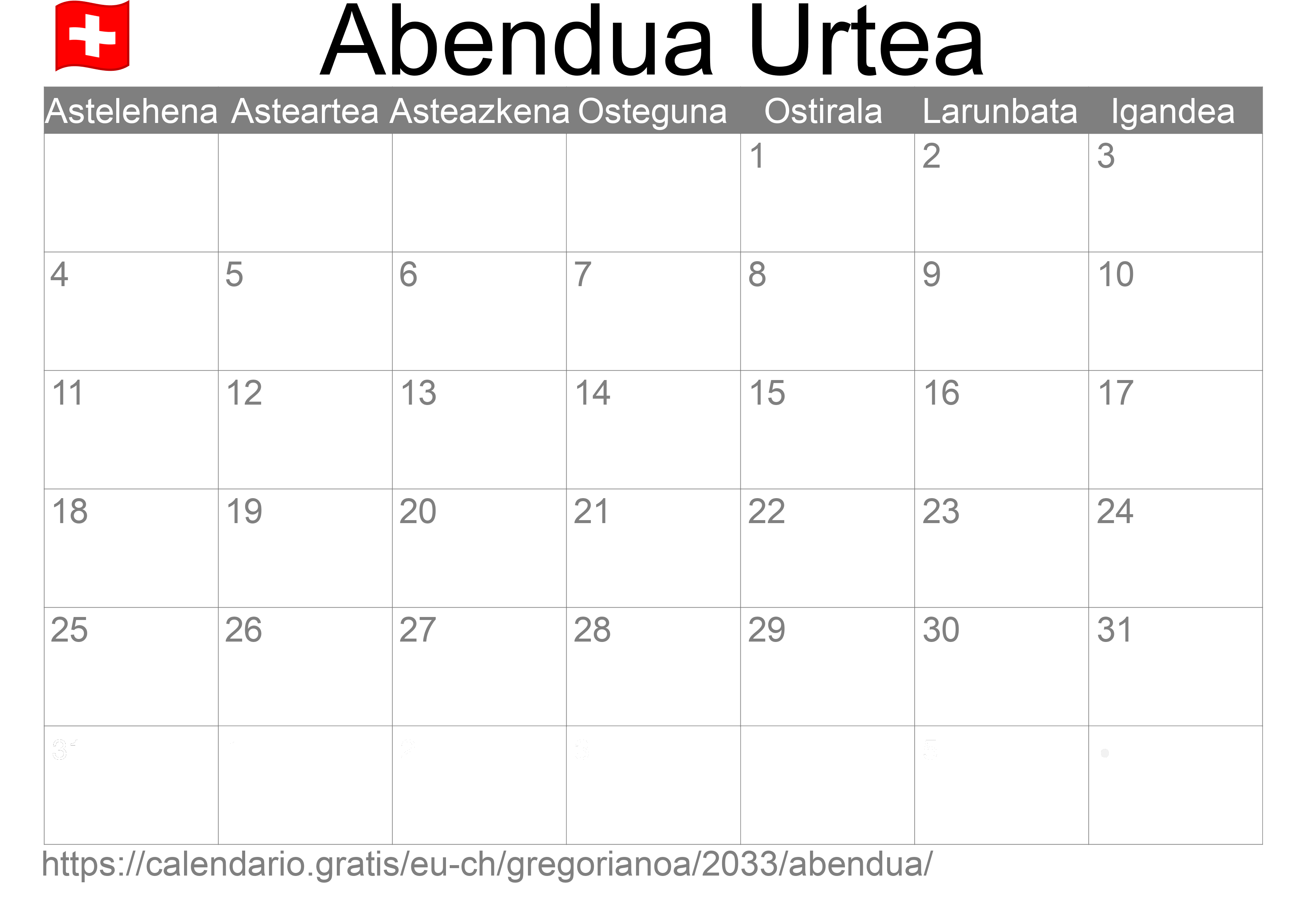 2033ko Abendua egutegia inprimatzeko