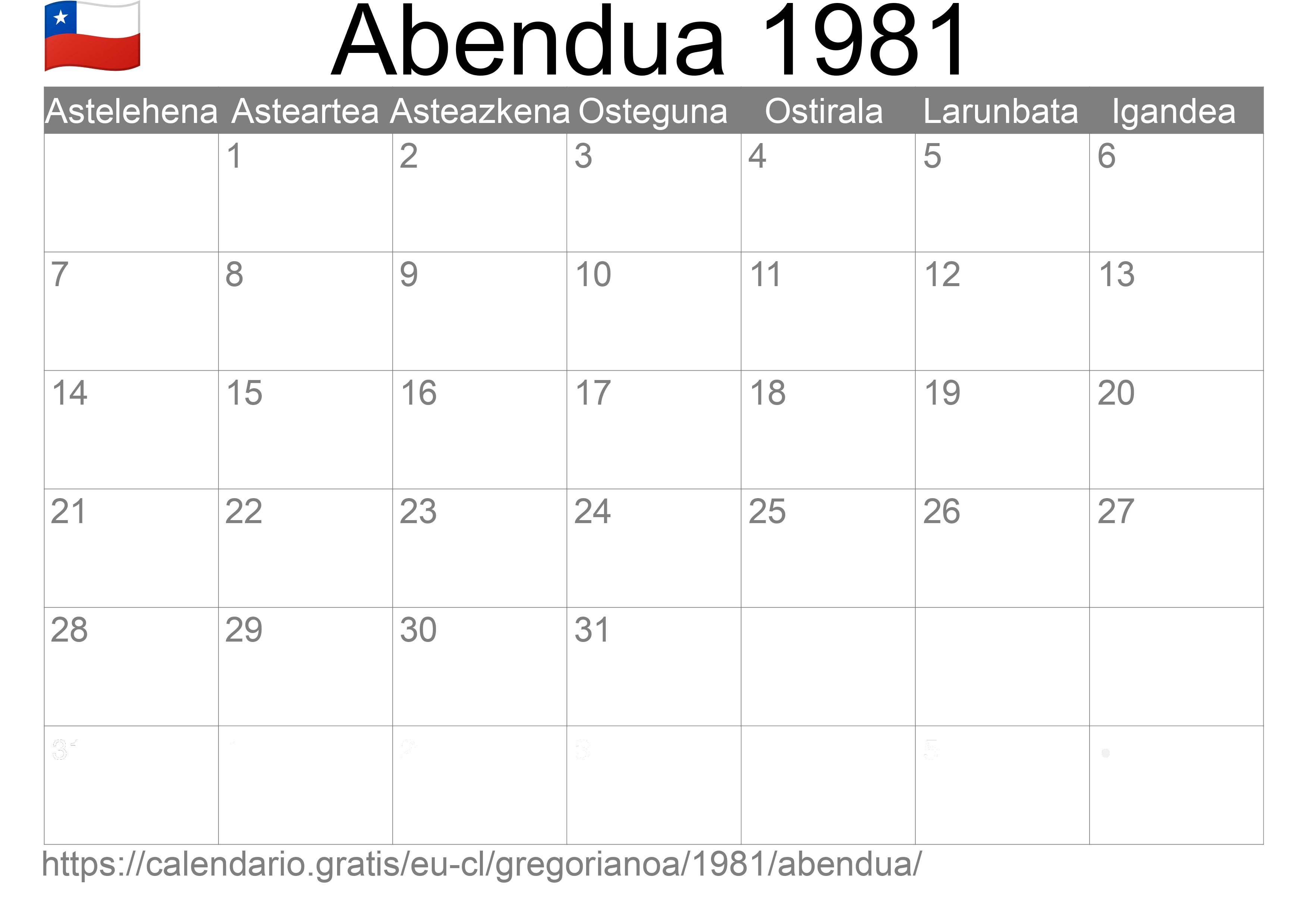 1981ko Abendua egutegia inprimatzeko