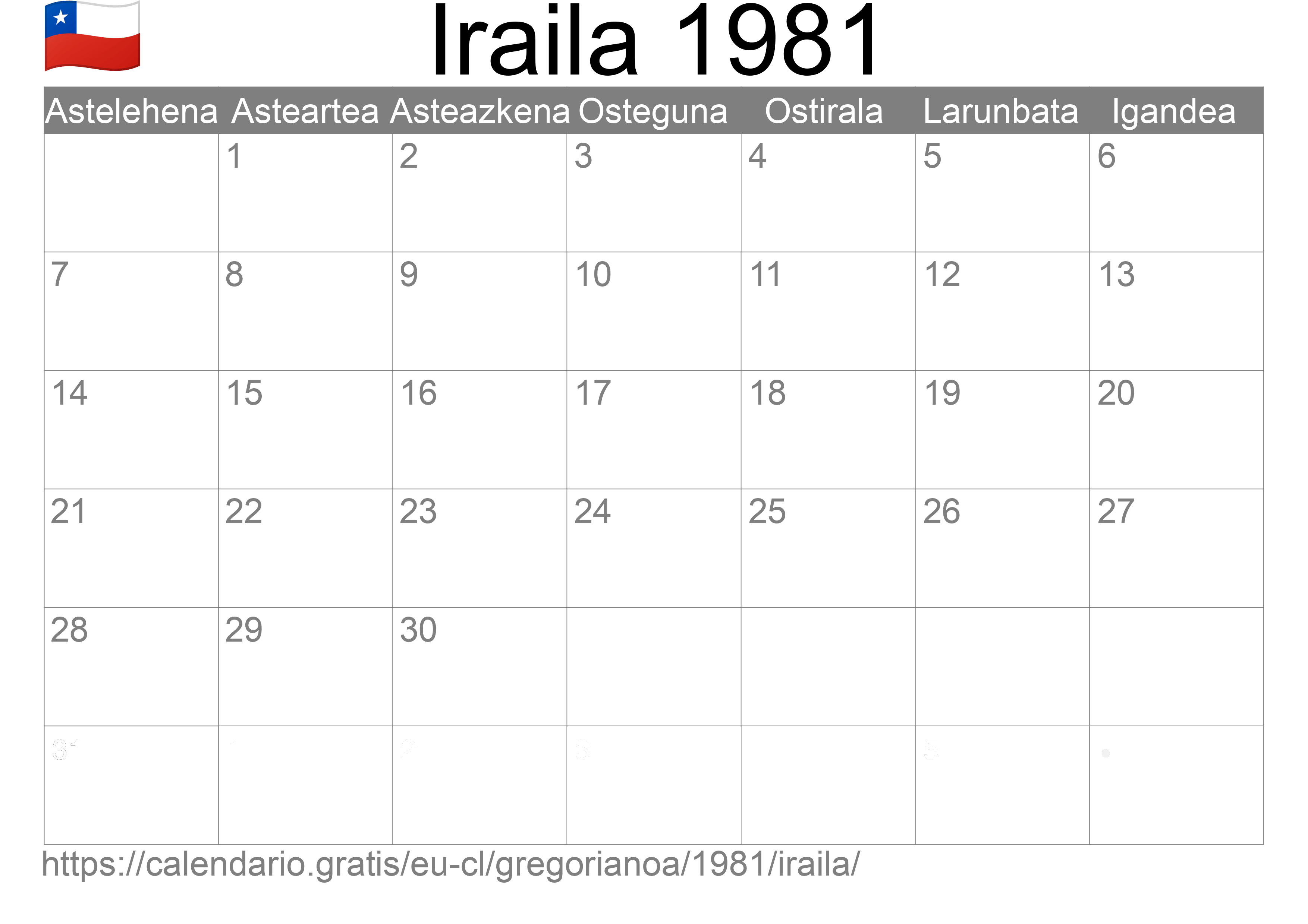 1981ko Iraila egutegia inprimatzeko