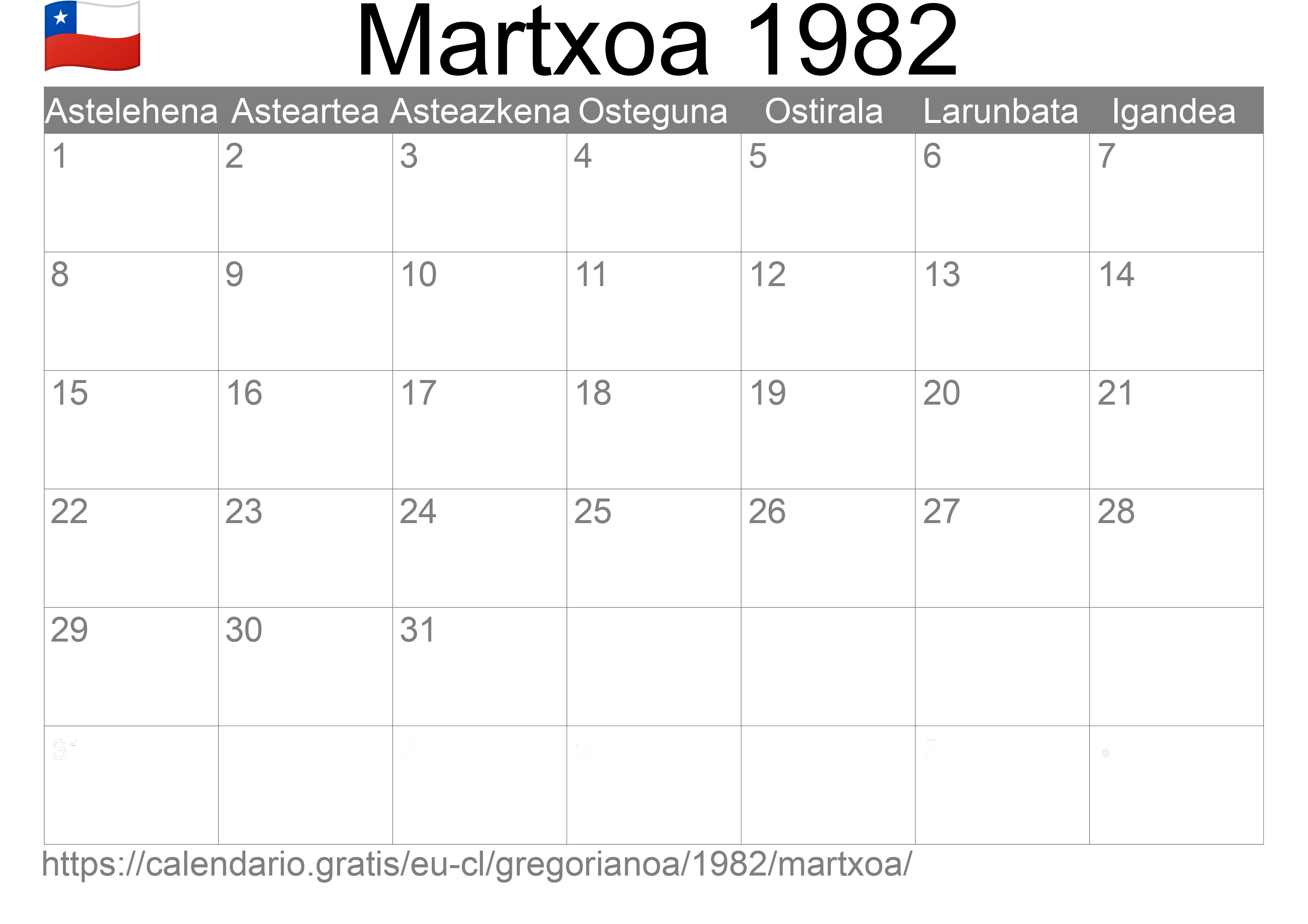 1982ko Martxoa egutegia inprimatzeko