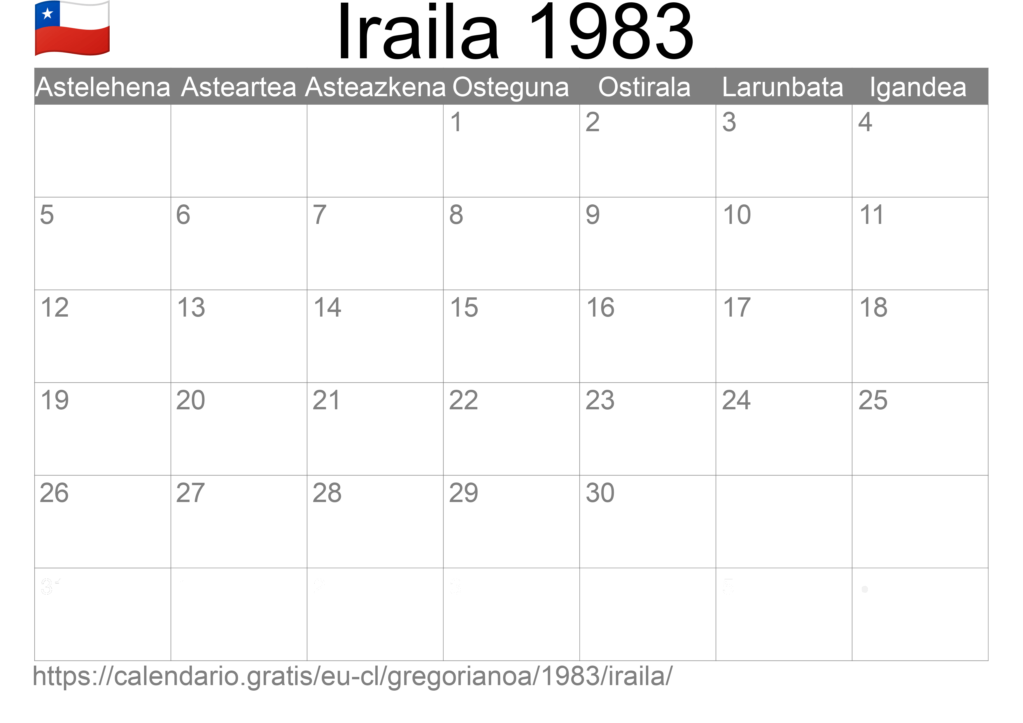 1983ko Iraila egutegia inprimatzeko