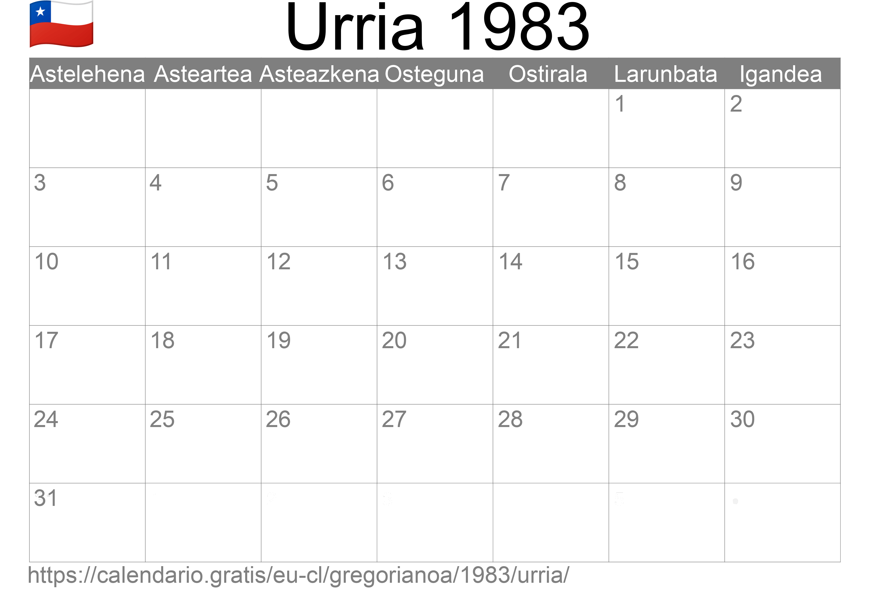 1983ko Urria egutegia inprimatzeko