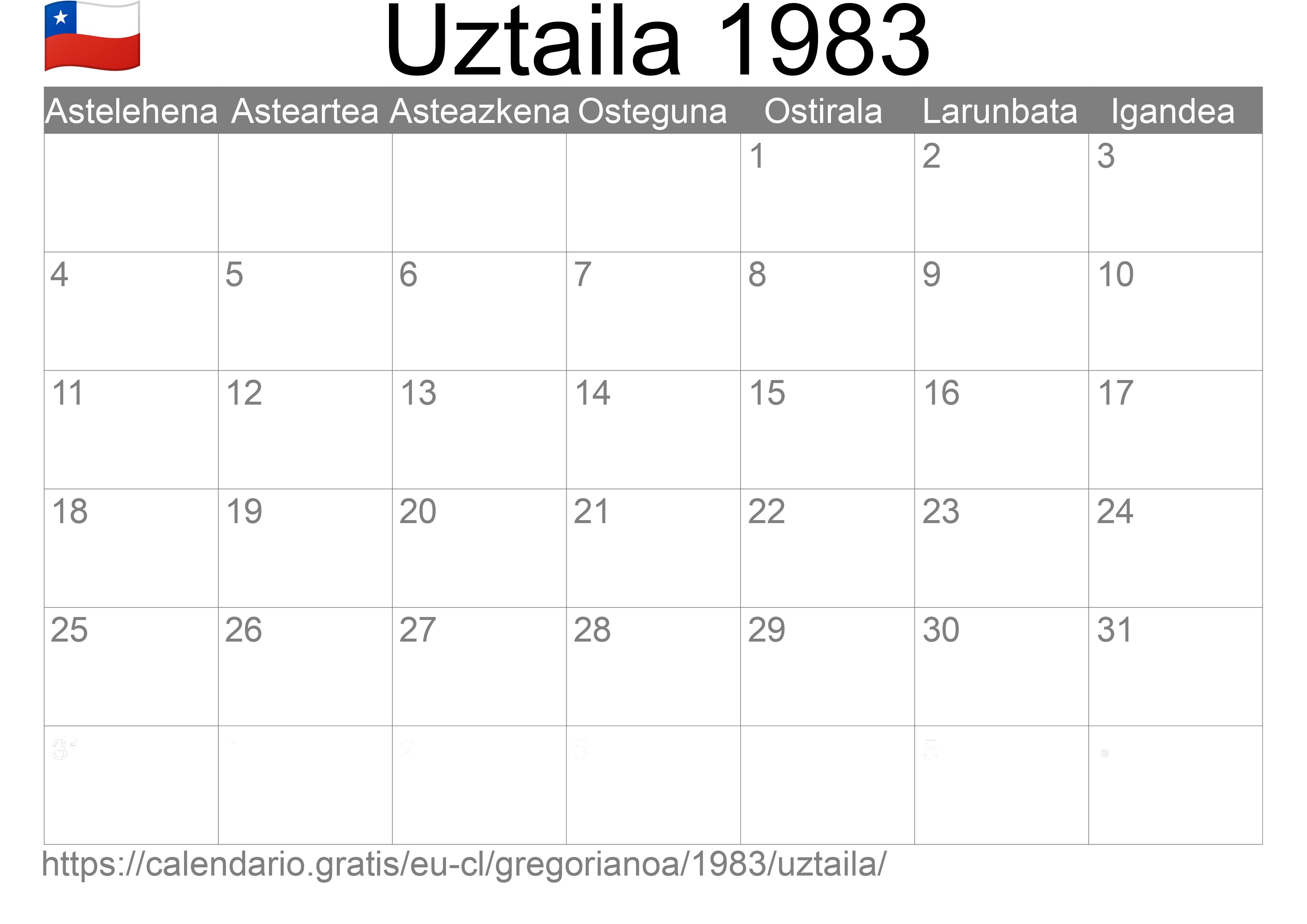 1983ko Uztaila egutegia inprimatzeko