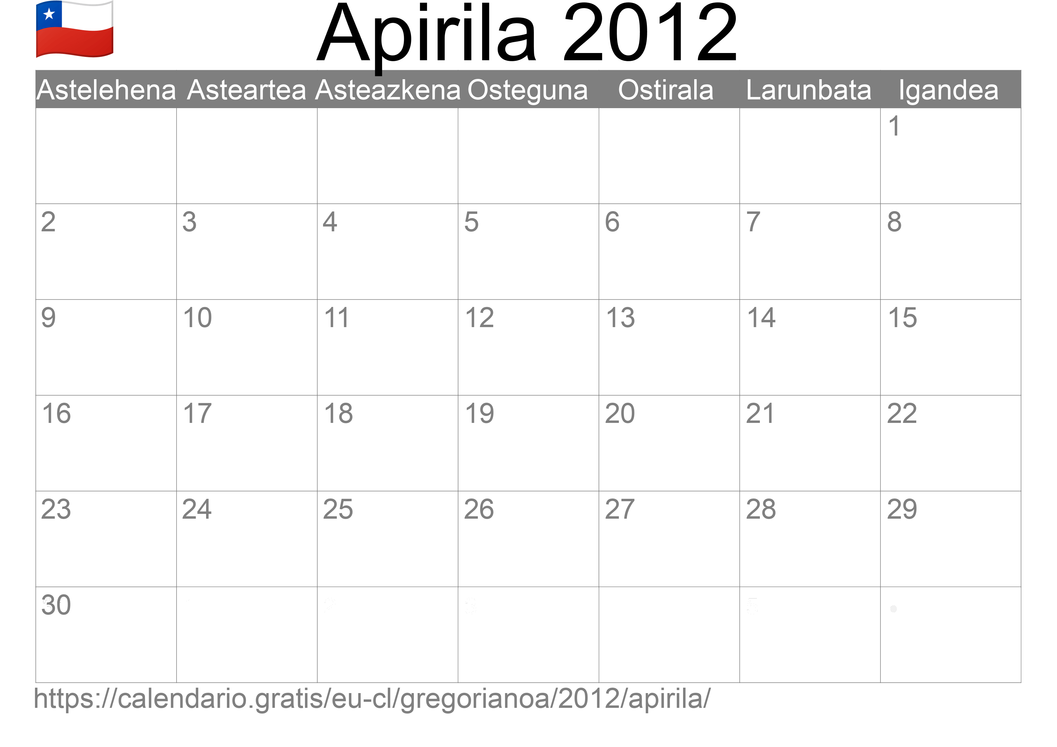 2012ko Apirila egutegia inprimatzeko