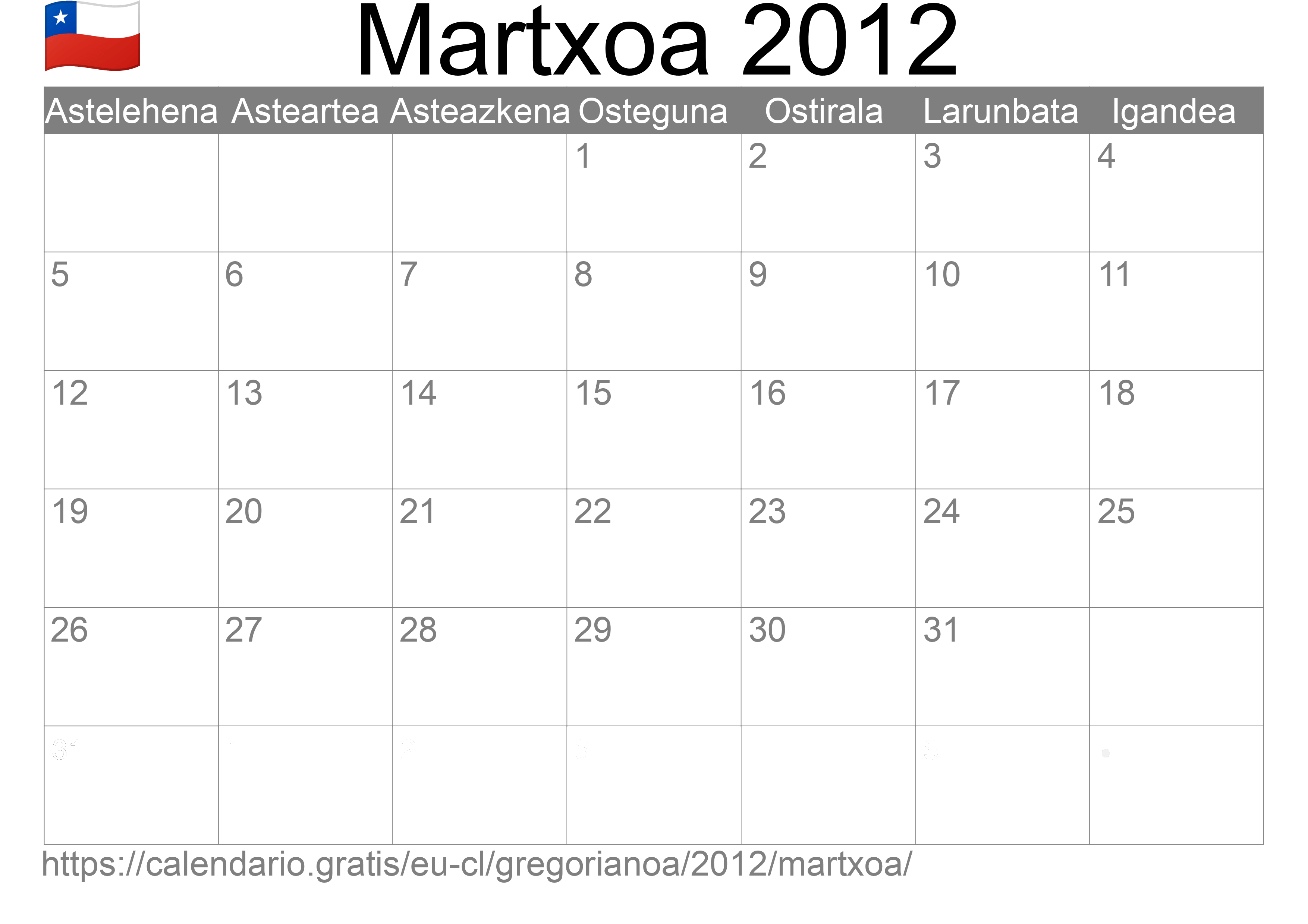 2012ko Martxoa egutegia inprimatzeko