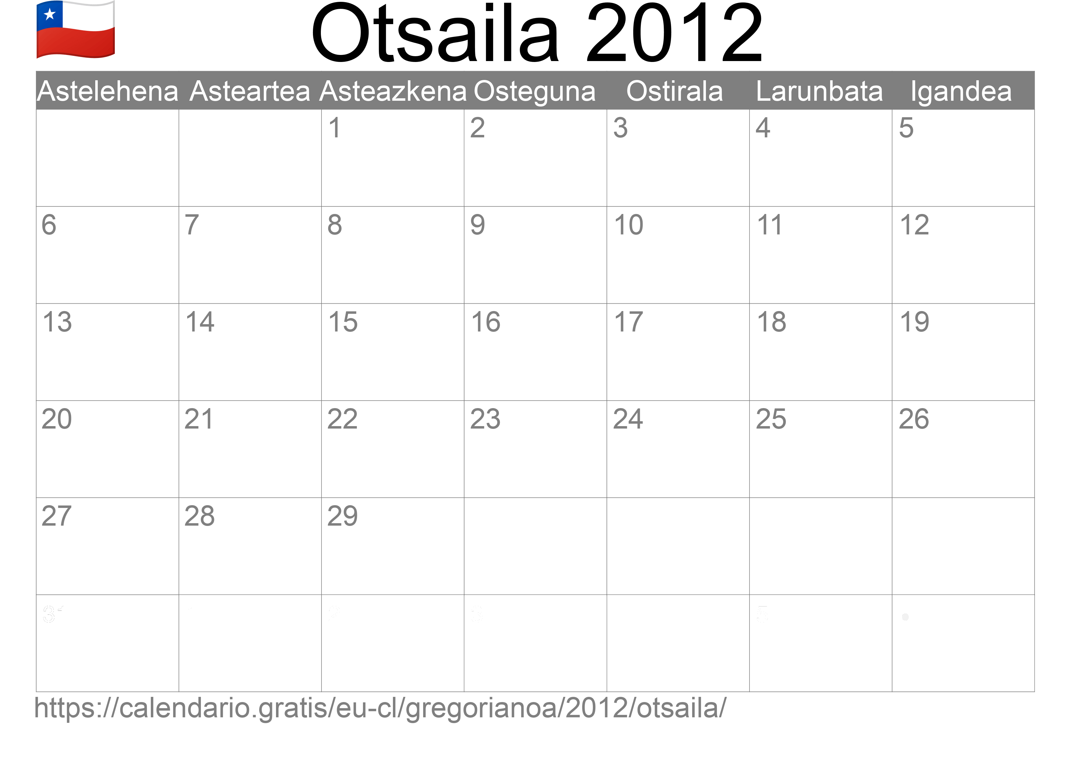 2012ko Otsaila egutegia inprimatzeko