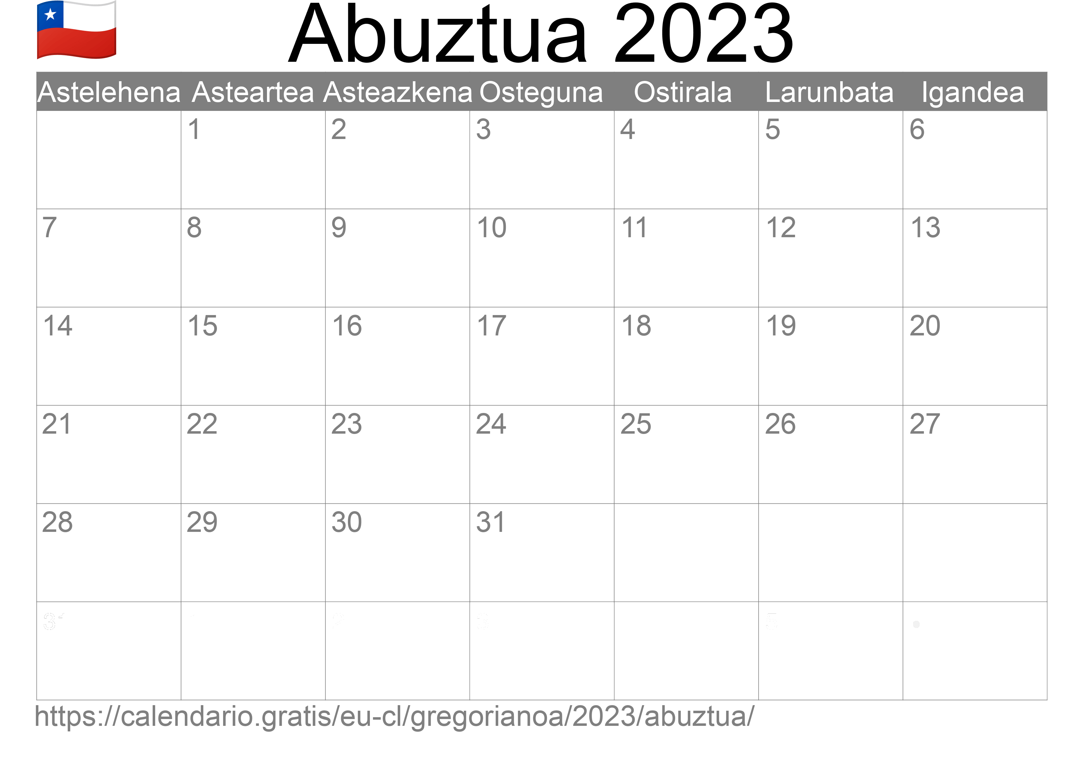 2023ko Abuztua egutegia inprimatzeko