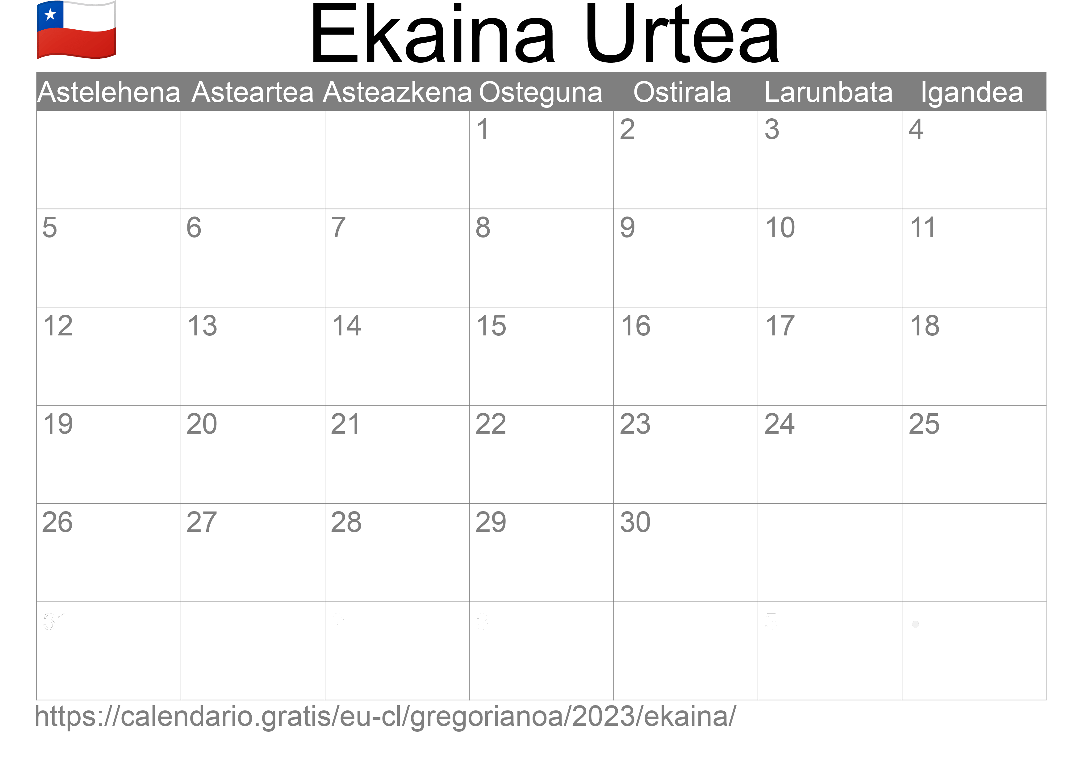 2023ko Ekaina egutegia inprimatzeko