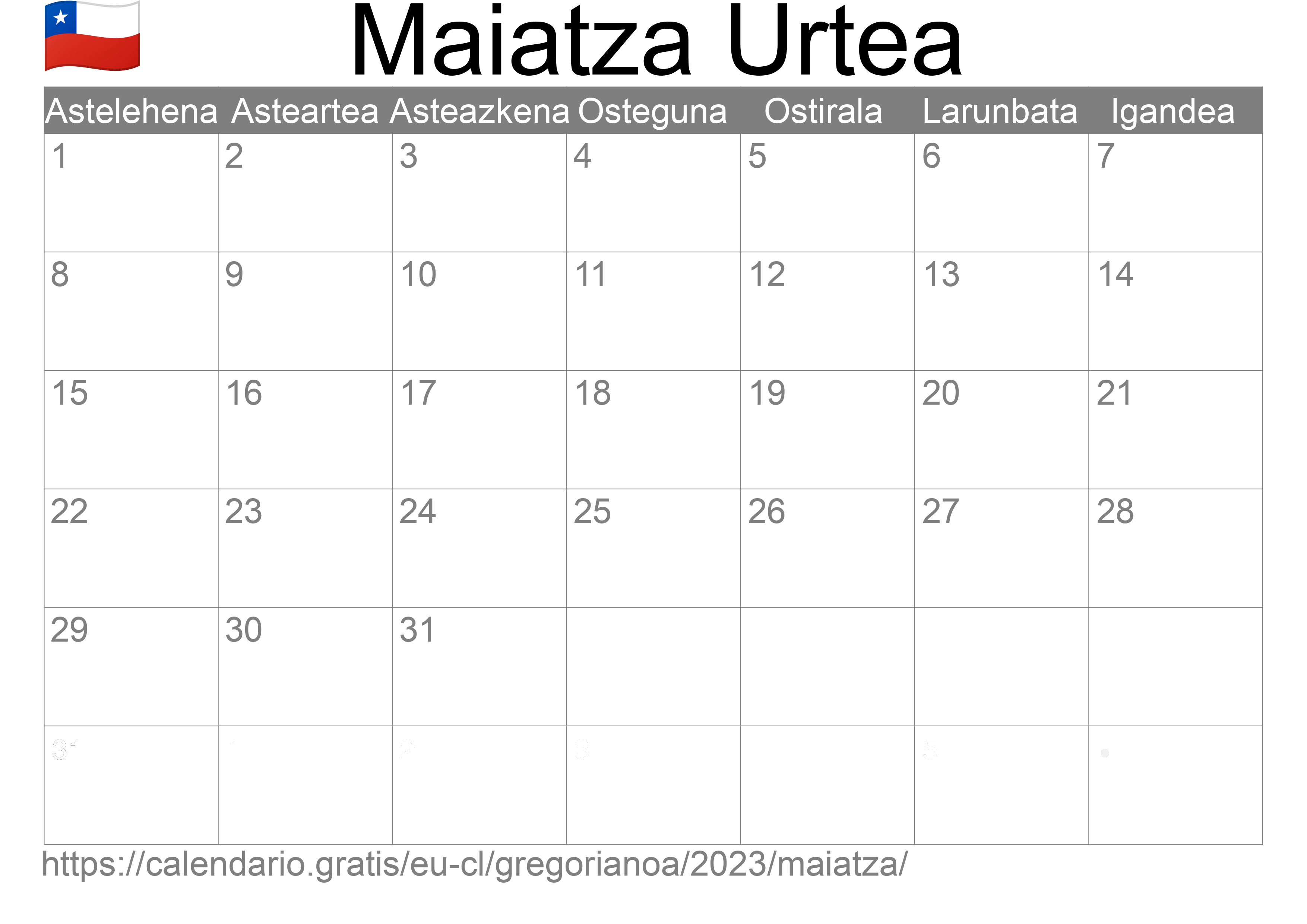 2023ko Maiatza egutegia inprimatzeko