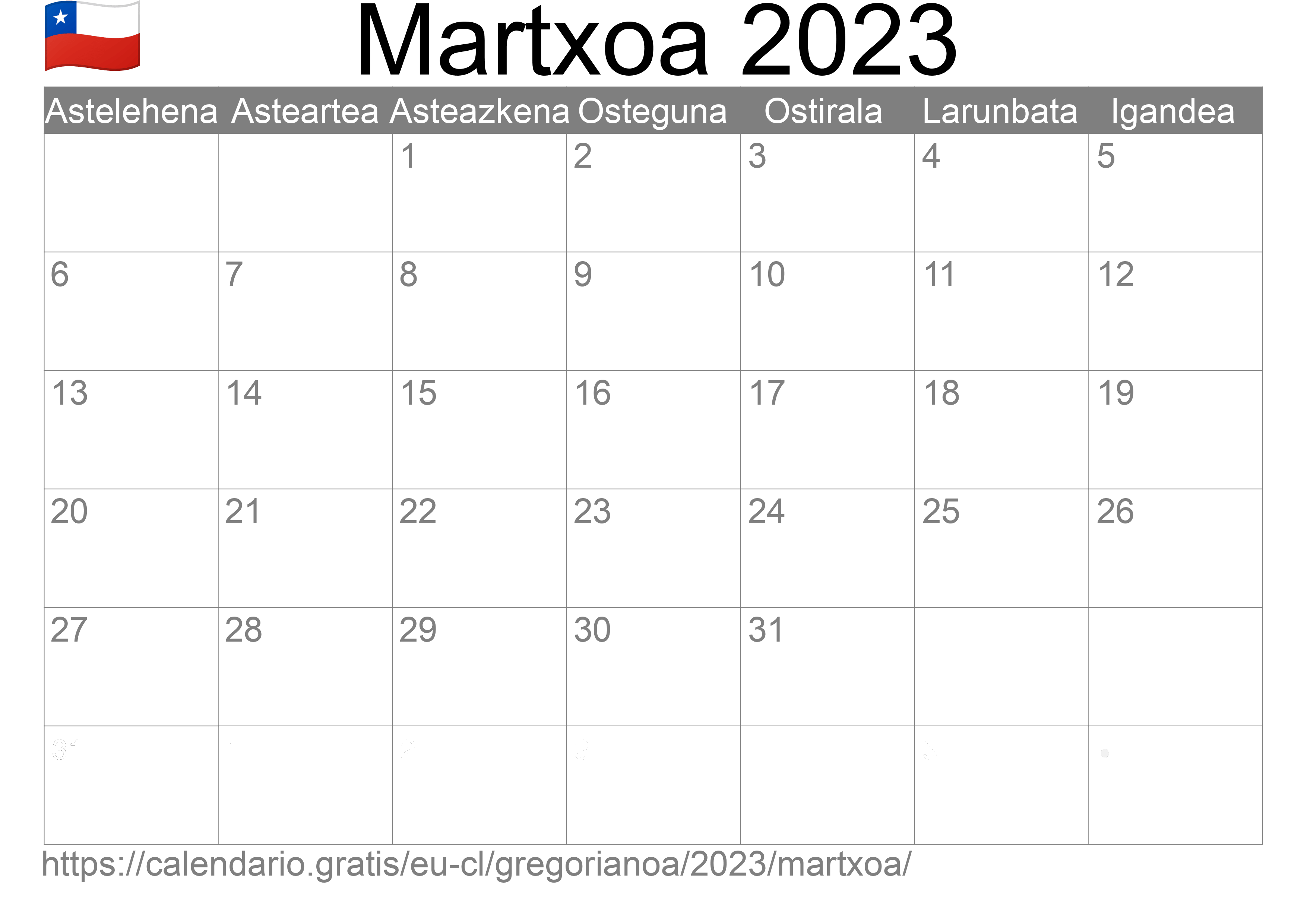 2023ko Martxoa egutegia inprimatzeko