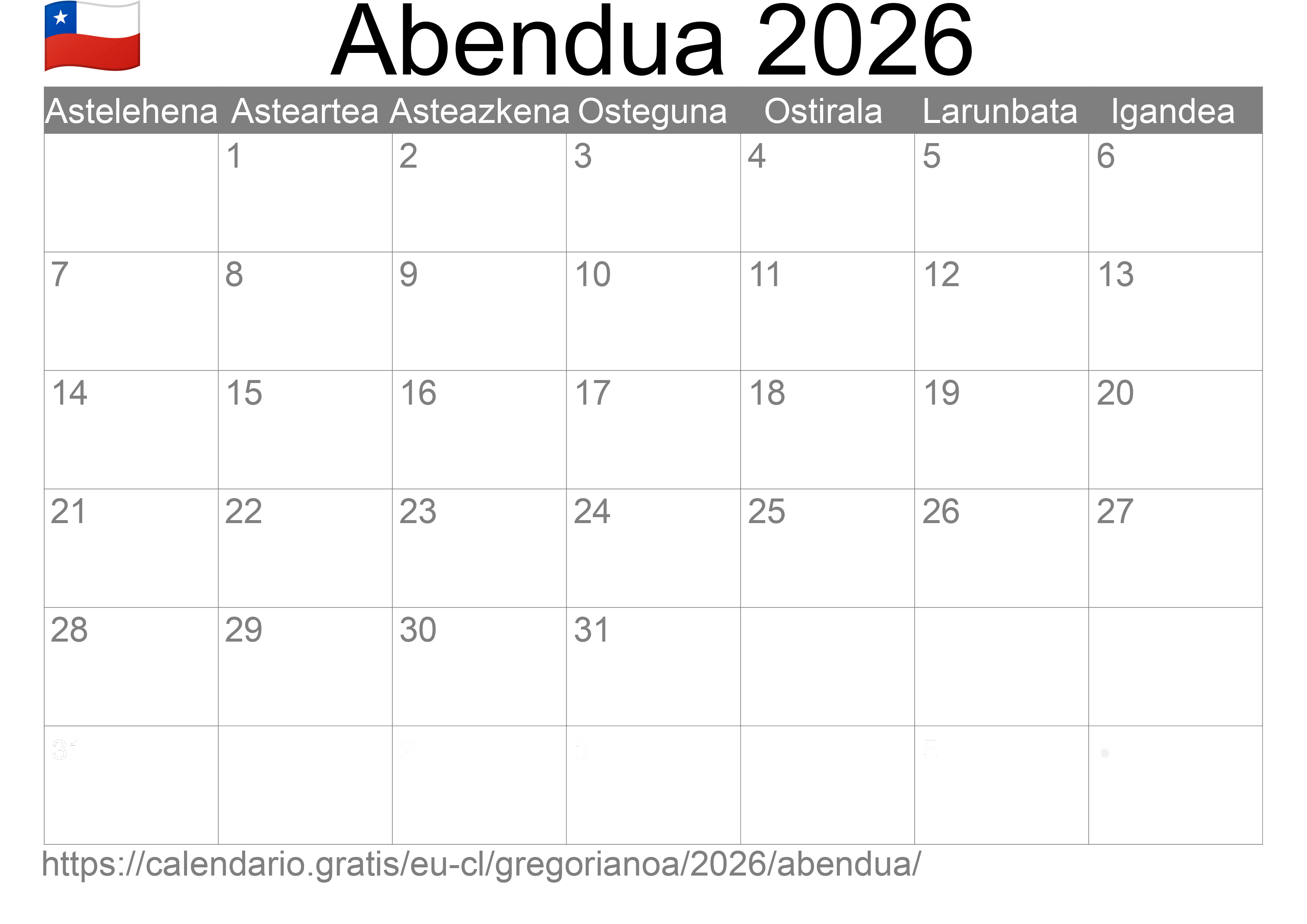 2026ko Abendua egutegia inprimatzeko