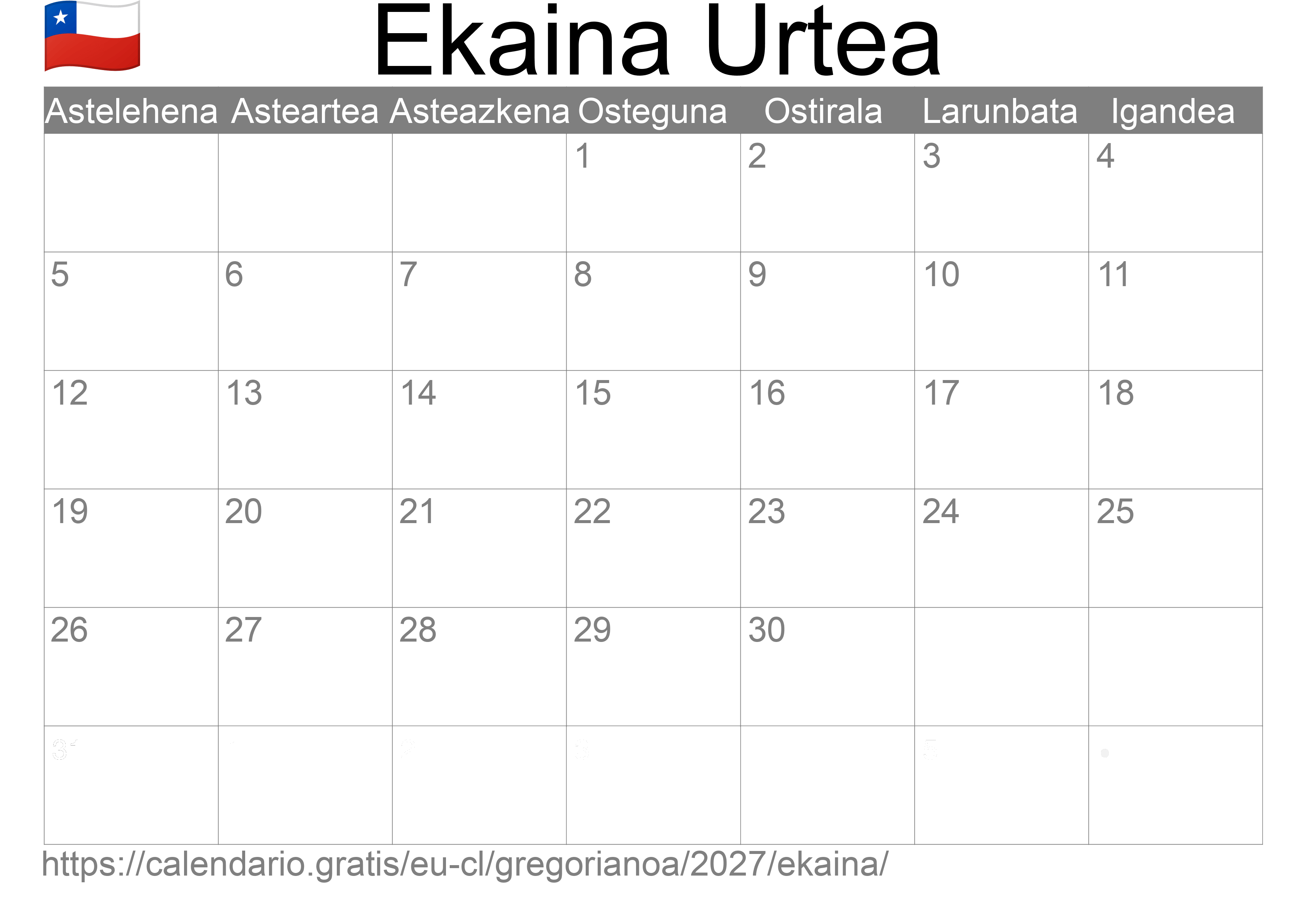 2027ko Ekaina egutegia inprimatzeko