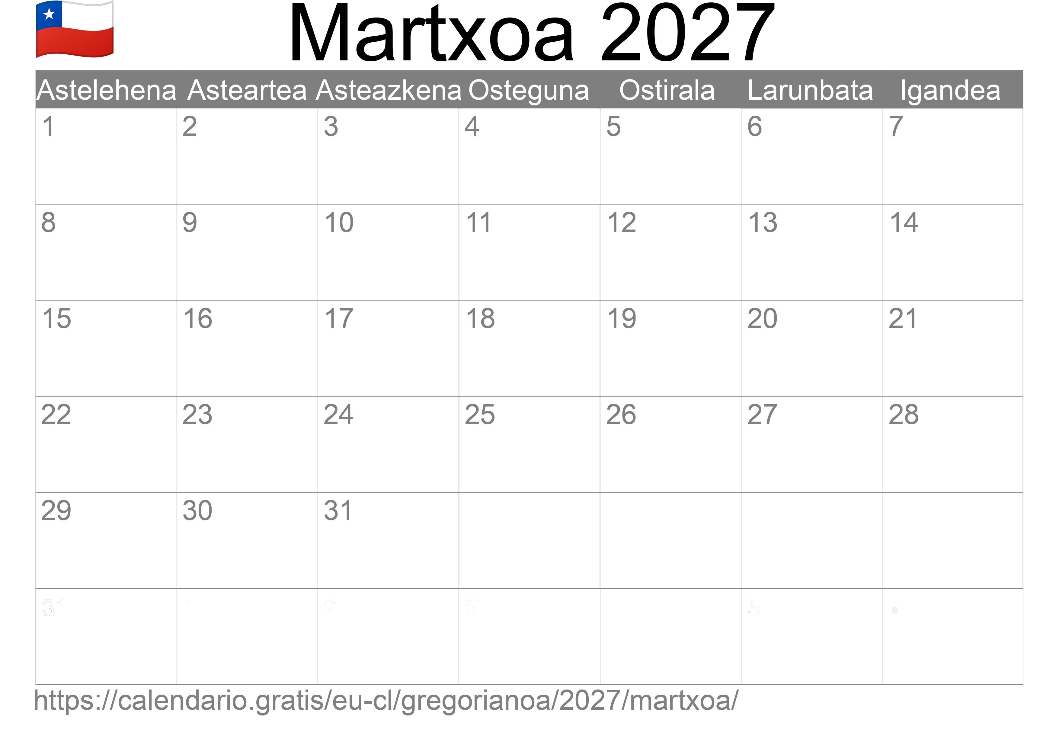 2027ko Martxoa egutegia inprimatzeko