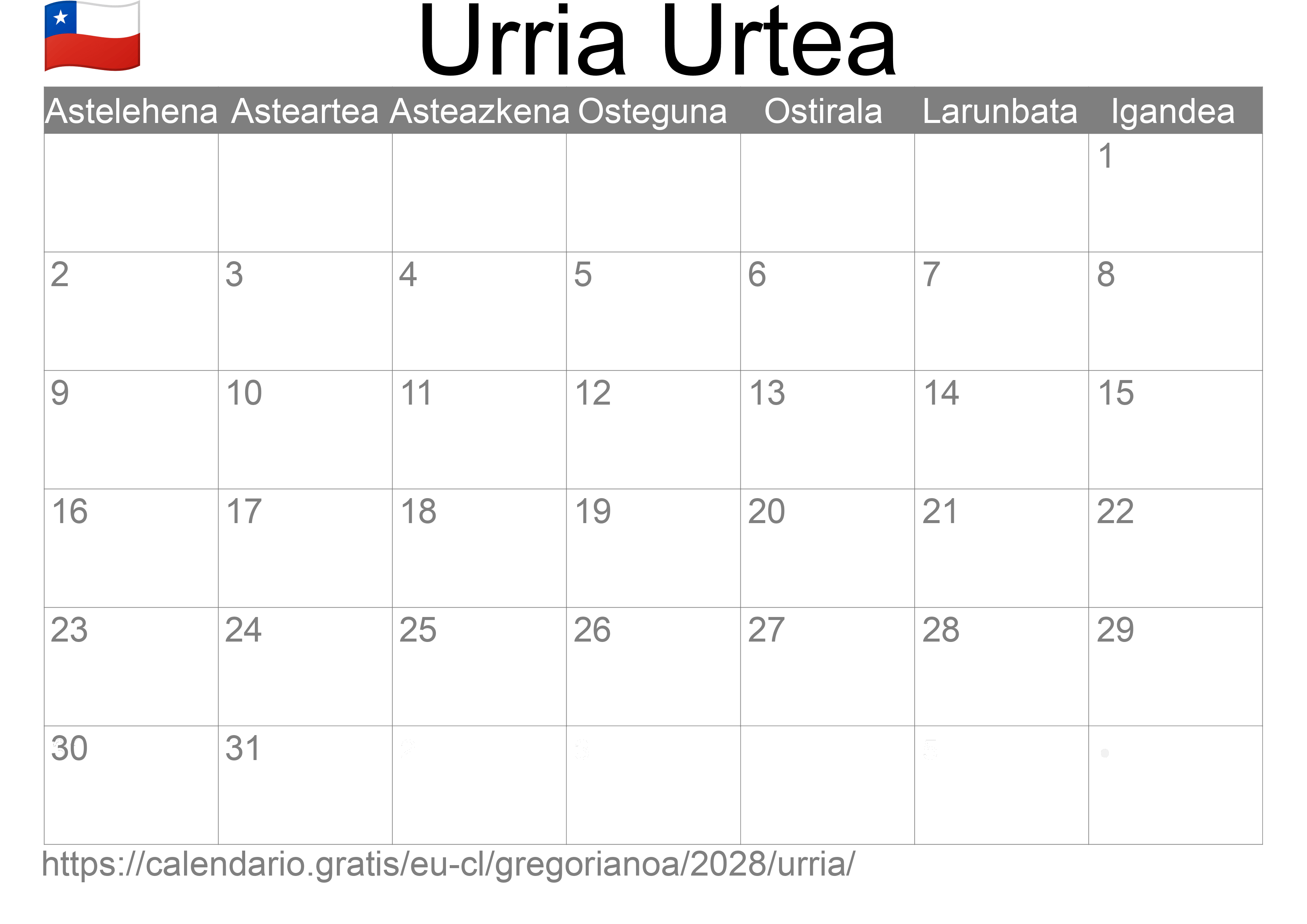 2028ko Urria egutegia inprimatzeko