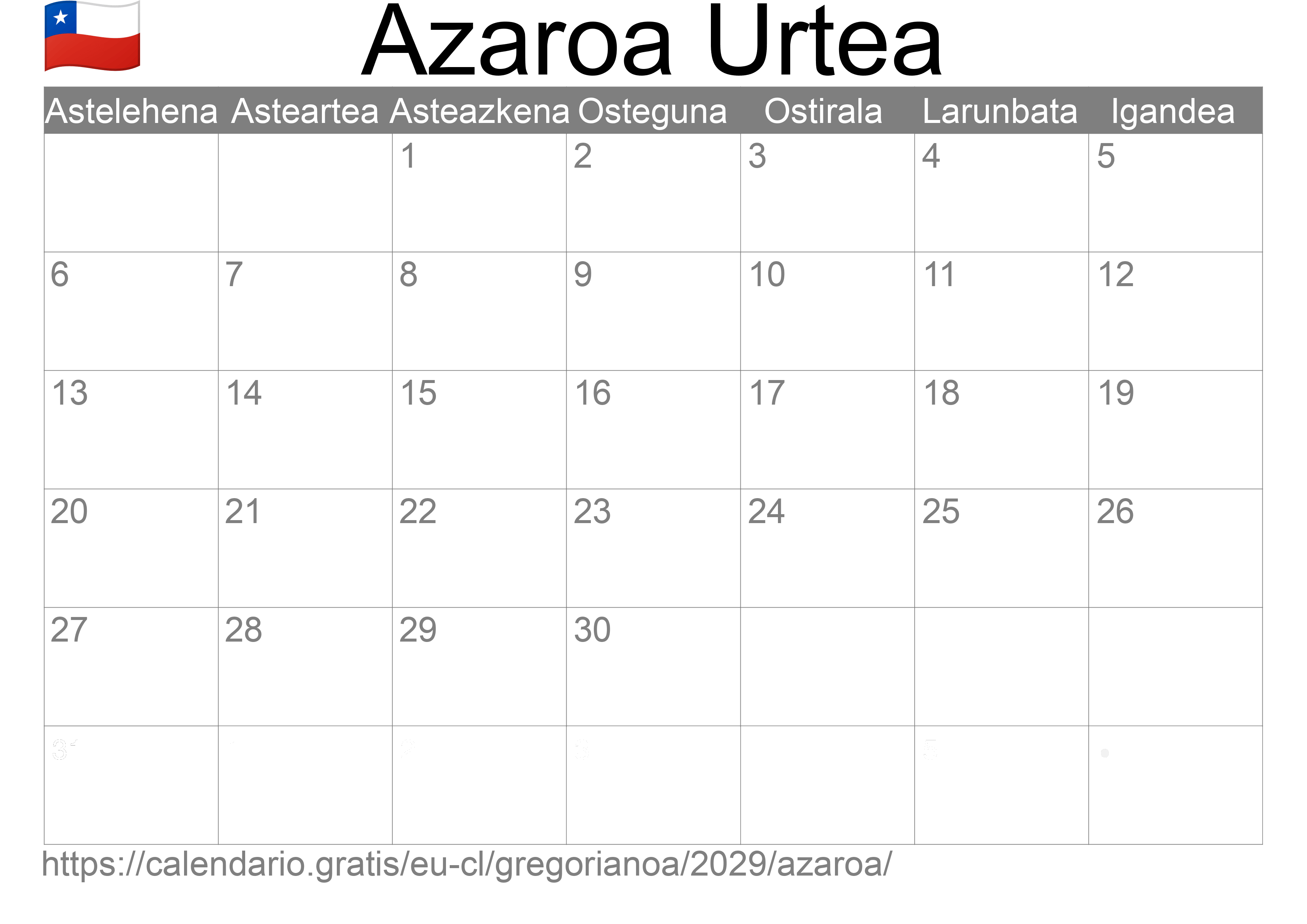 2029ko Azaroa egutegia inprimatzeko