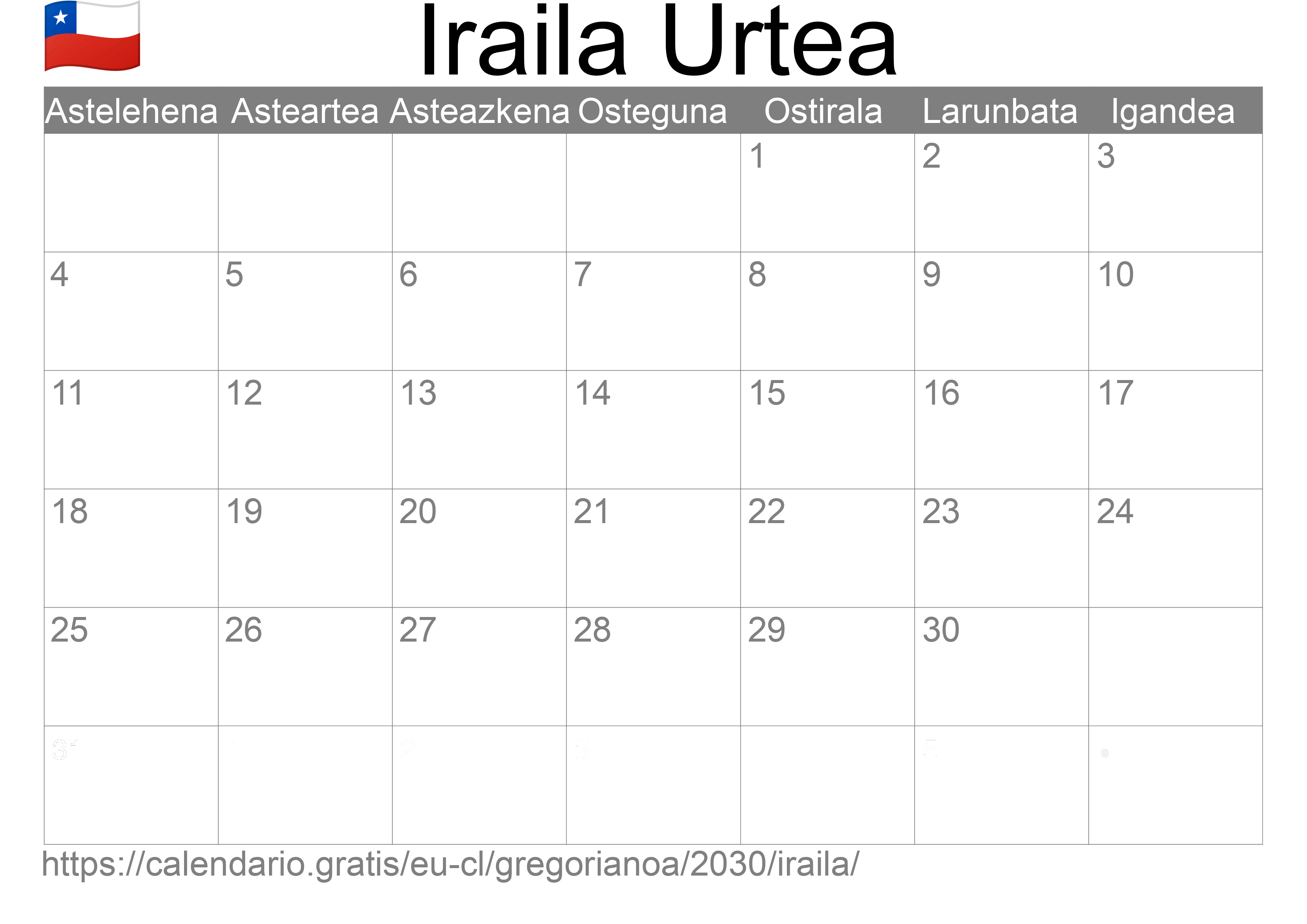 2030ko Iraila egutegia inprimatzeko