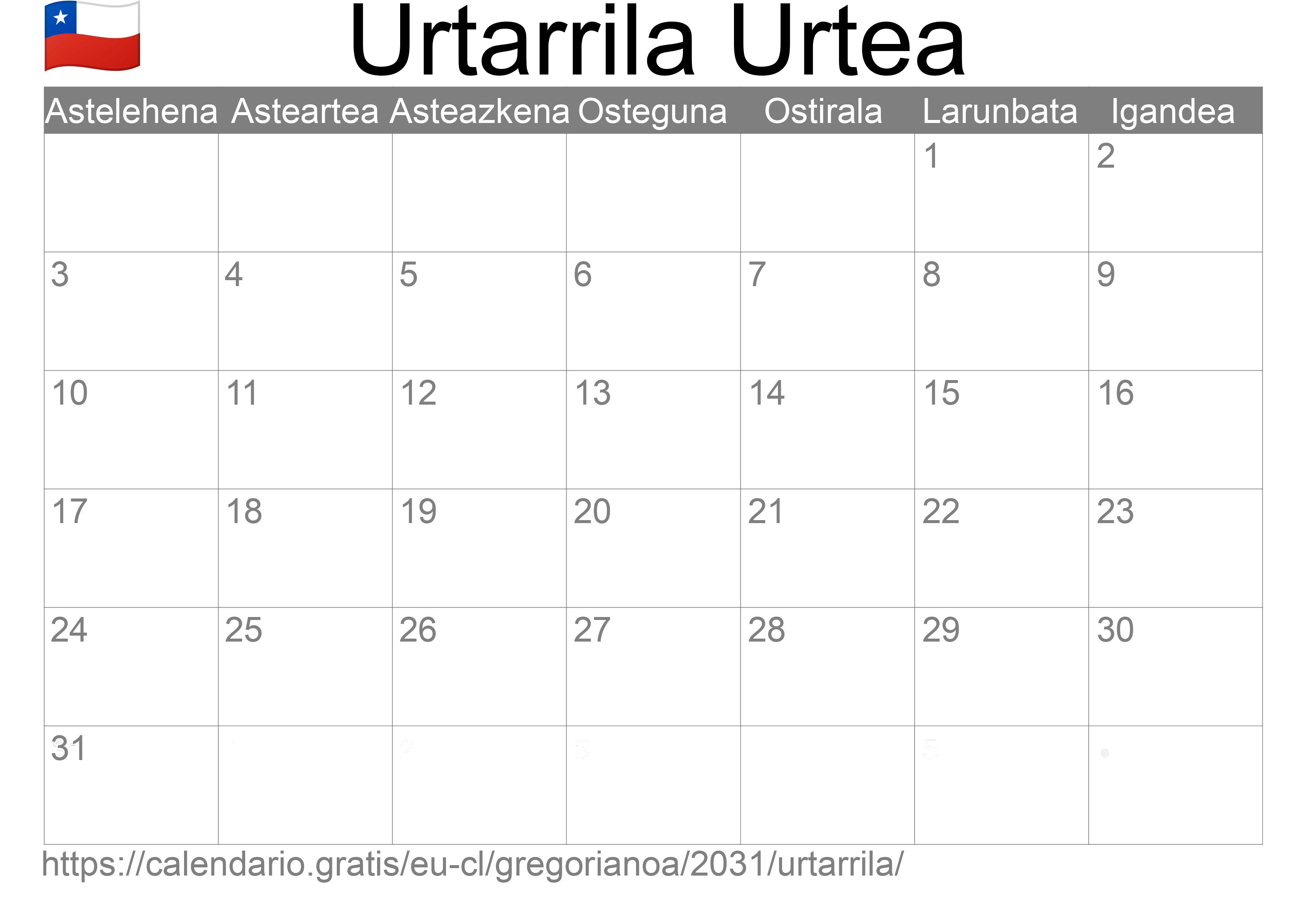 2031ko Urtarrila egutegia inprimatzeko