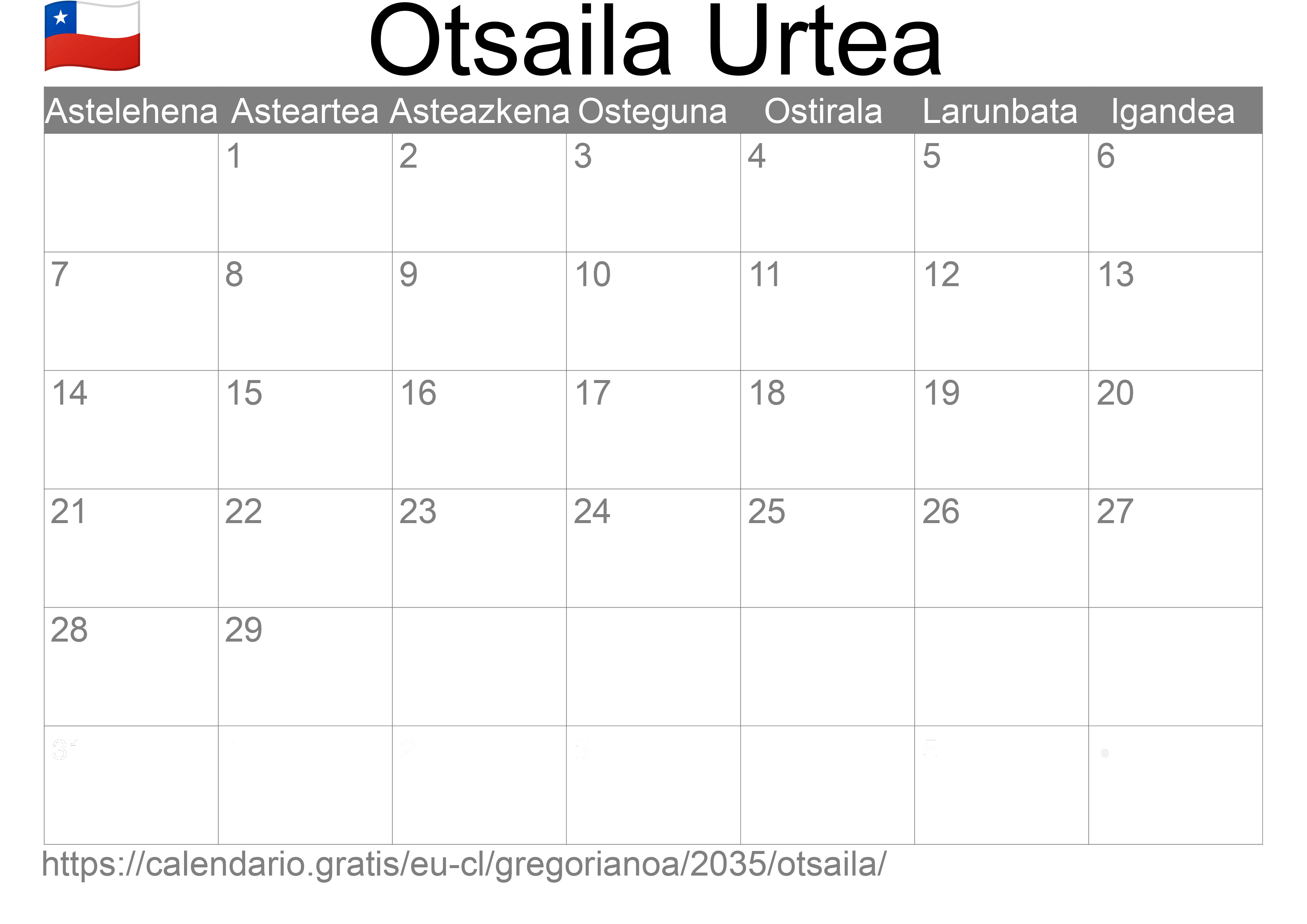 2035ko Otsaila egutegia inprimatzeko