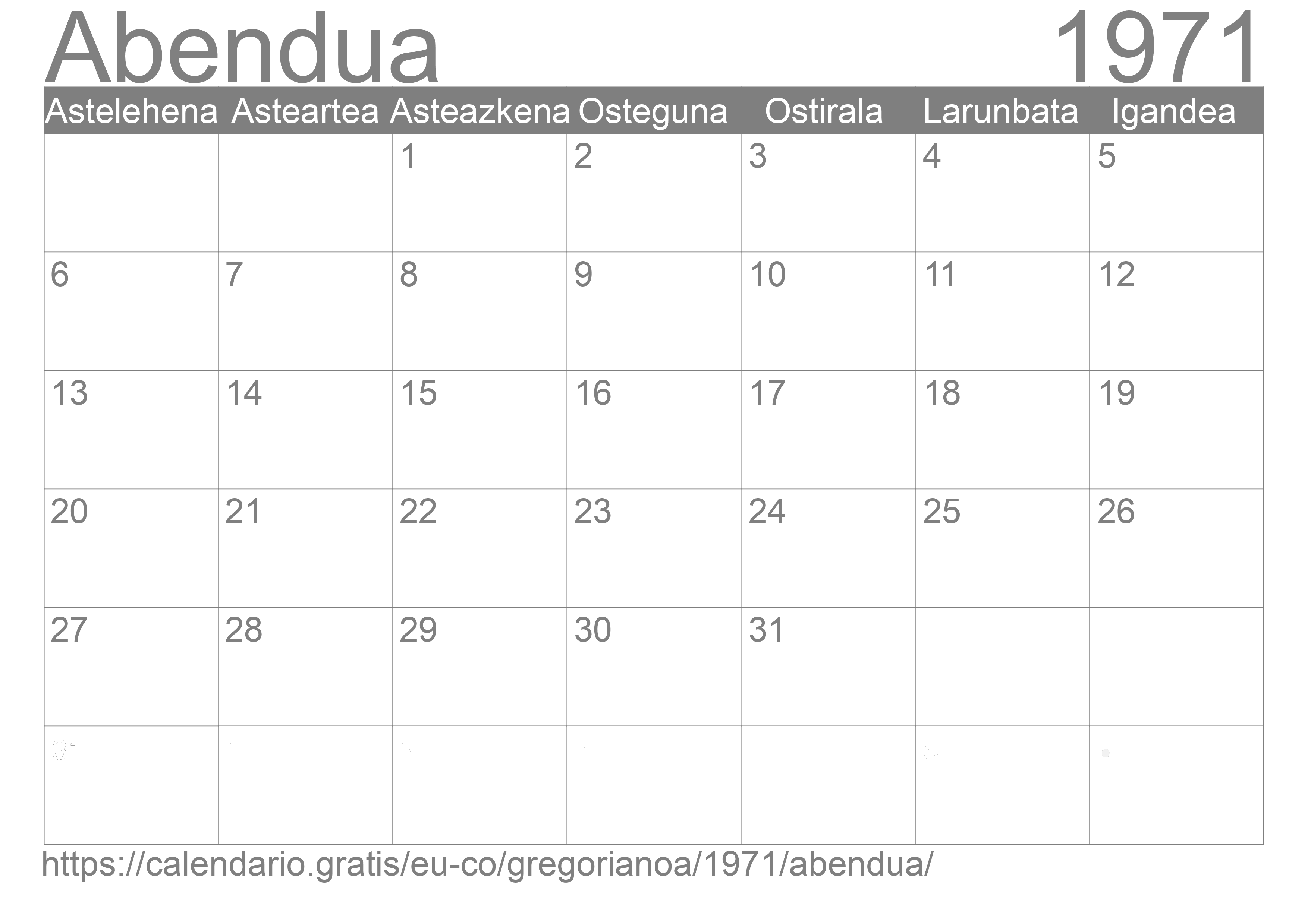 1971ko Abendua egutegia inprimatzeko