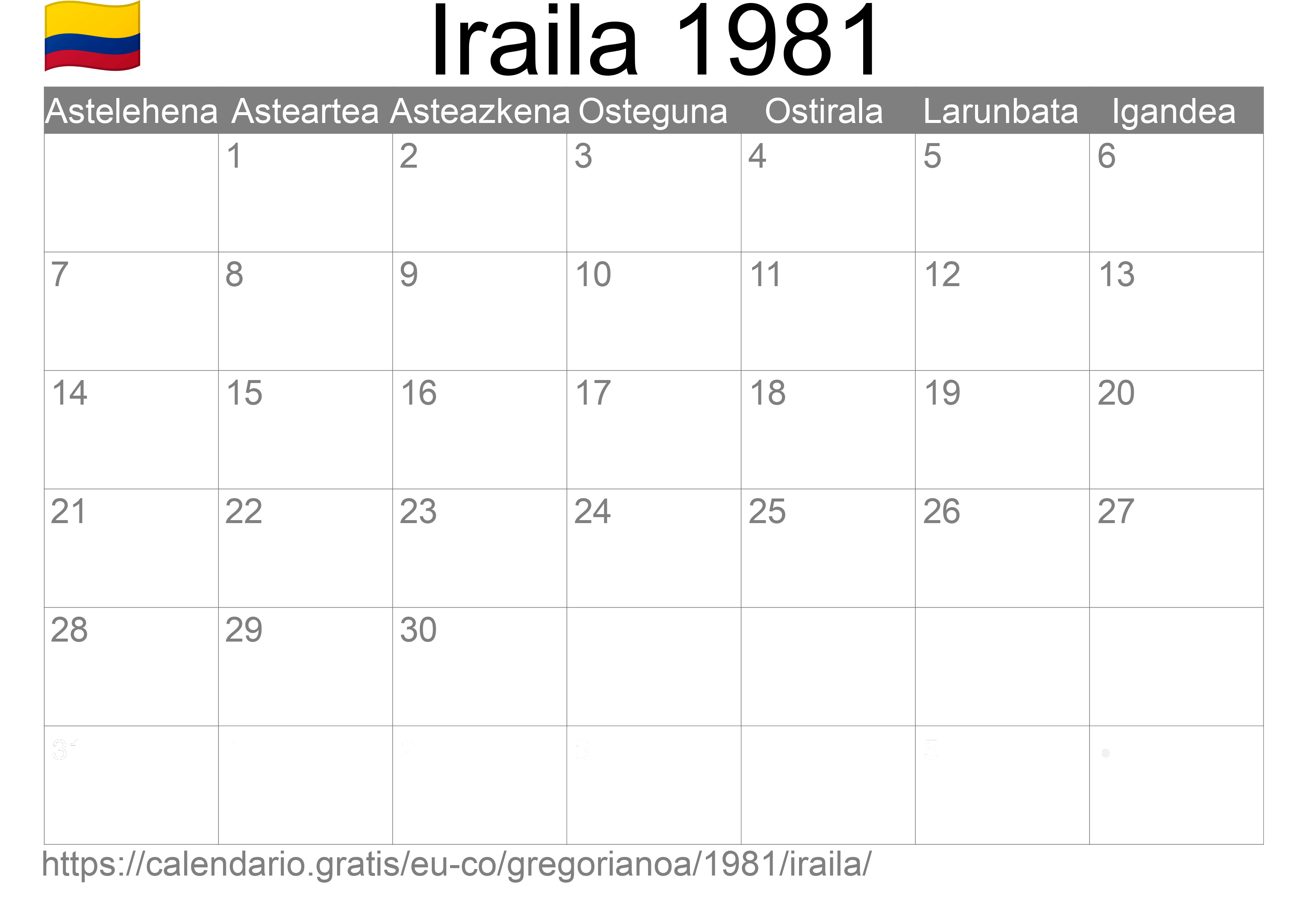 1981ko Iraila egutegia inprimatzeko