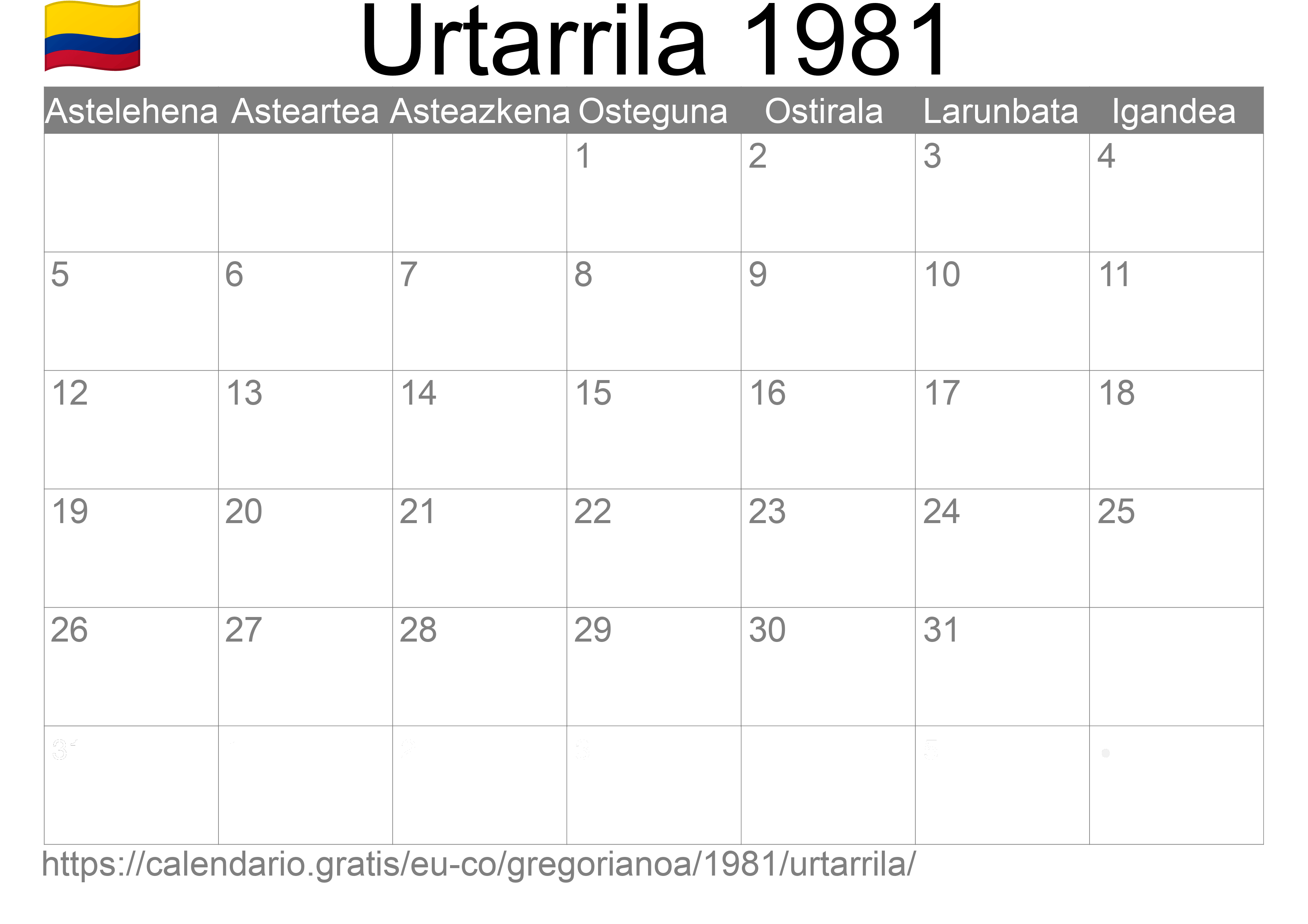 1981ko Urtarrila egutegia inprimatzeko