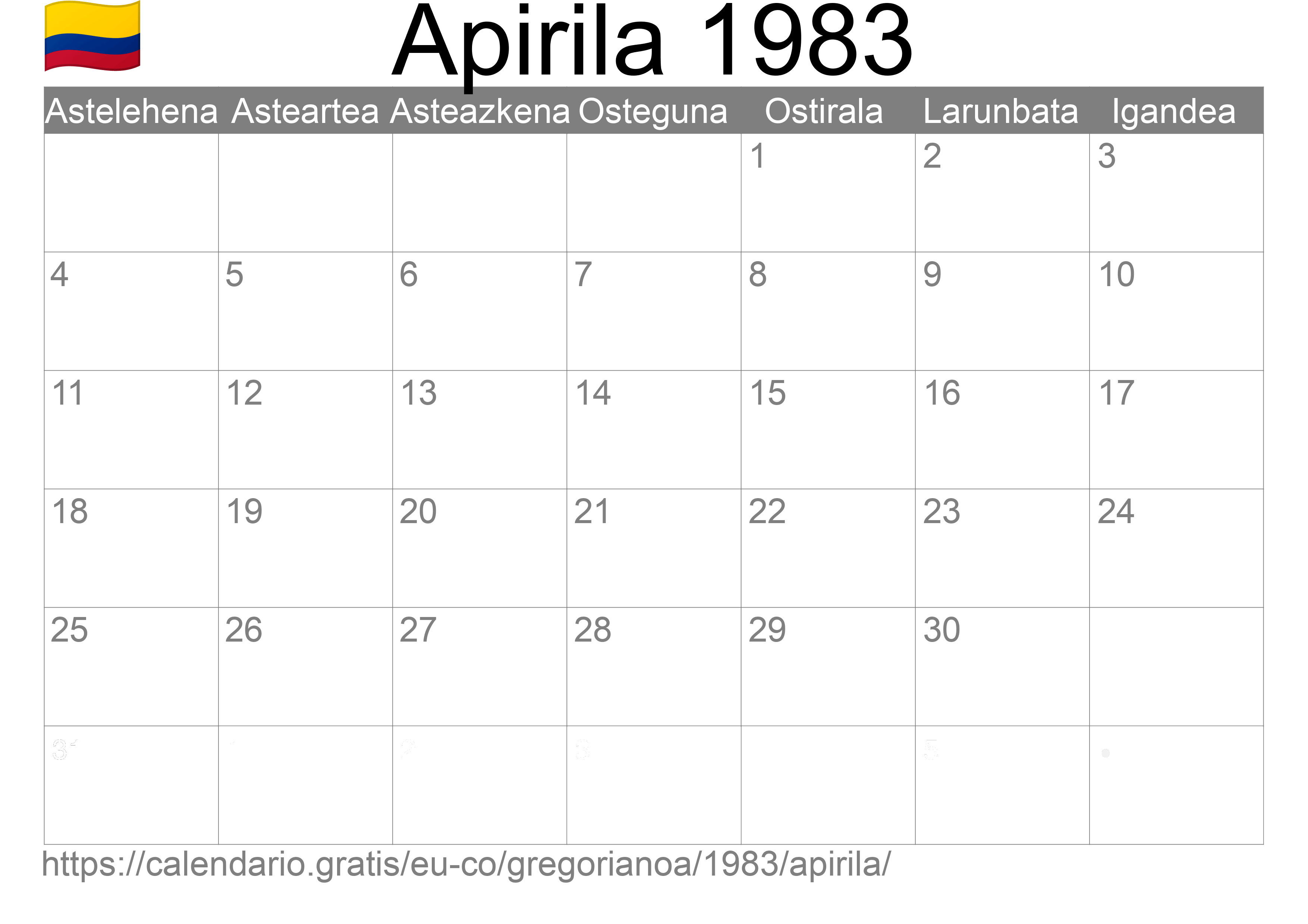 1983ko Apirila egutegia inprimatzeko