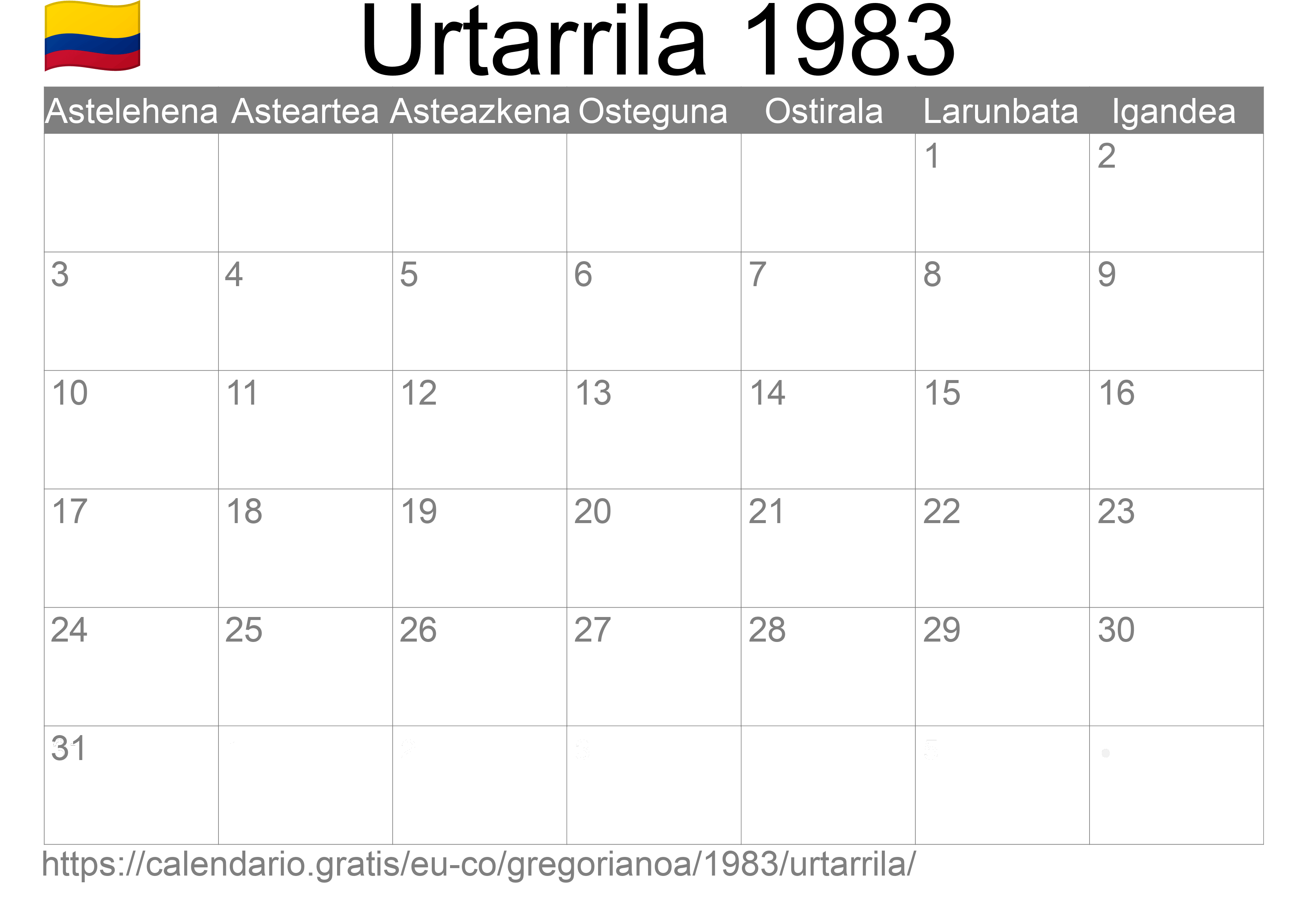 1983ko Urtarrila egutegia inprimatzeko